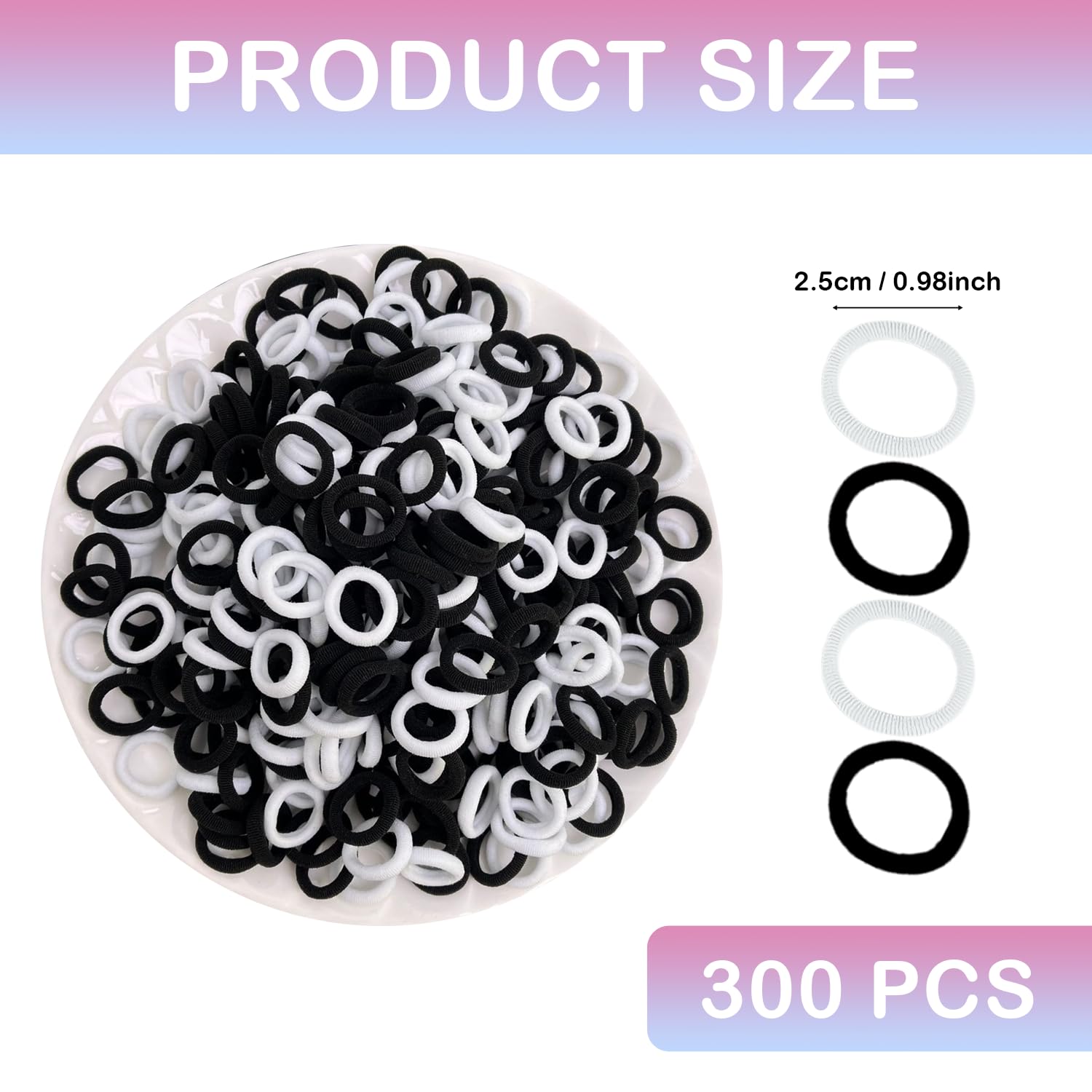 300 Élastiques Cheveux Bébé, Jolis Porte-queue Élastiques 20mm pour Filles, Enfants, Bébés, Tout-petits (Noir, Blanc)
