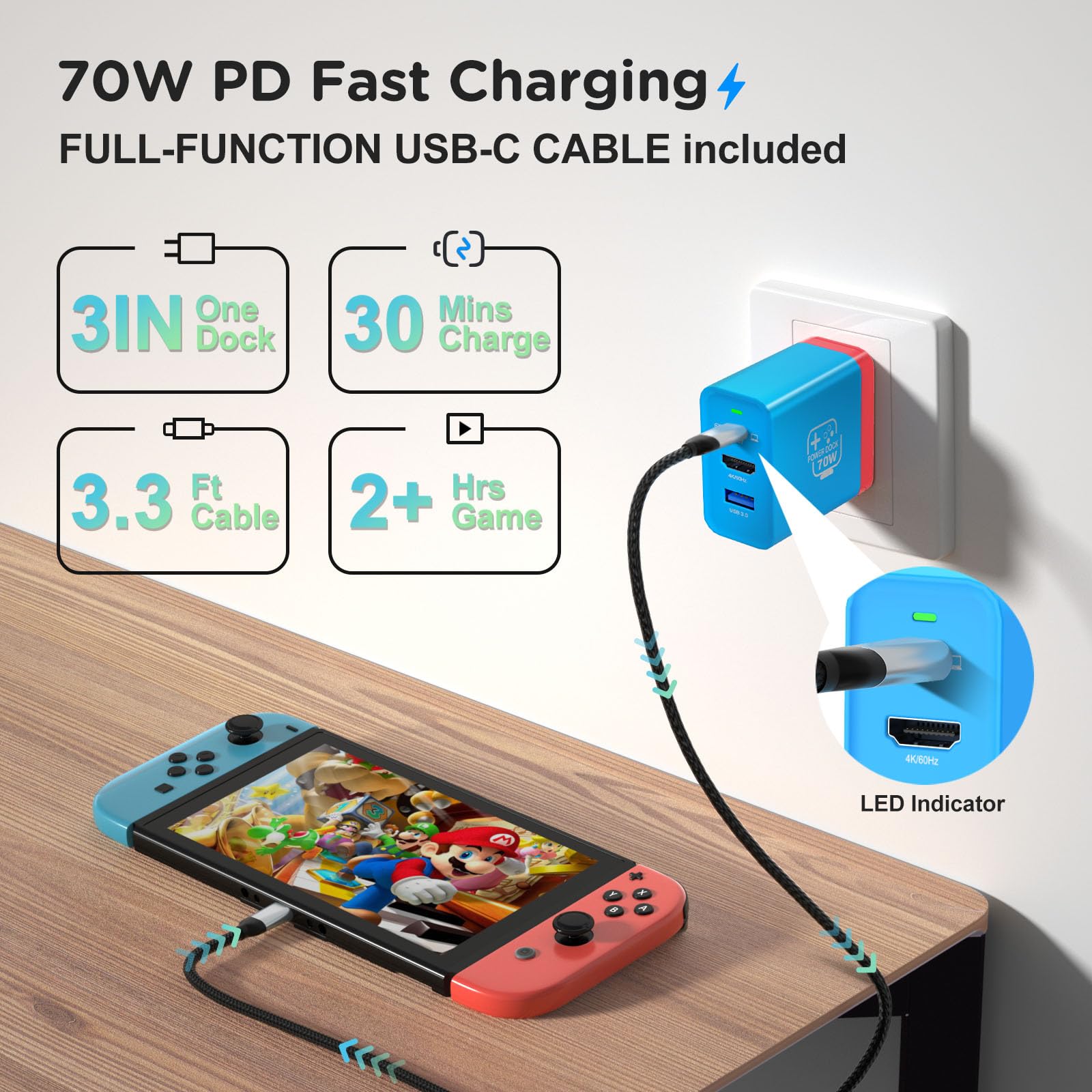 Base de carga USB C de 67 W para Nintendo Switch/OLED, estación de acoplamiento portátil de TV de viaje con puerto de carga 4K HDMI/USB2.0/PD, adaptador de carga rápida con cable USB-C para portátil,