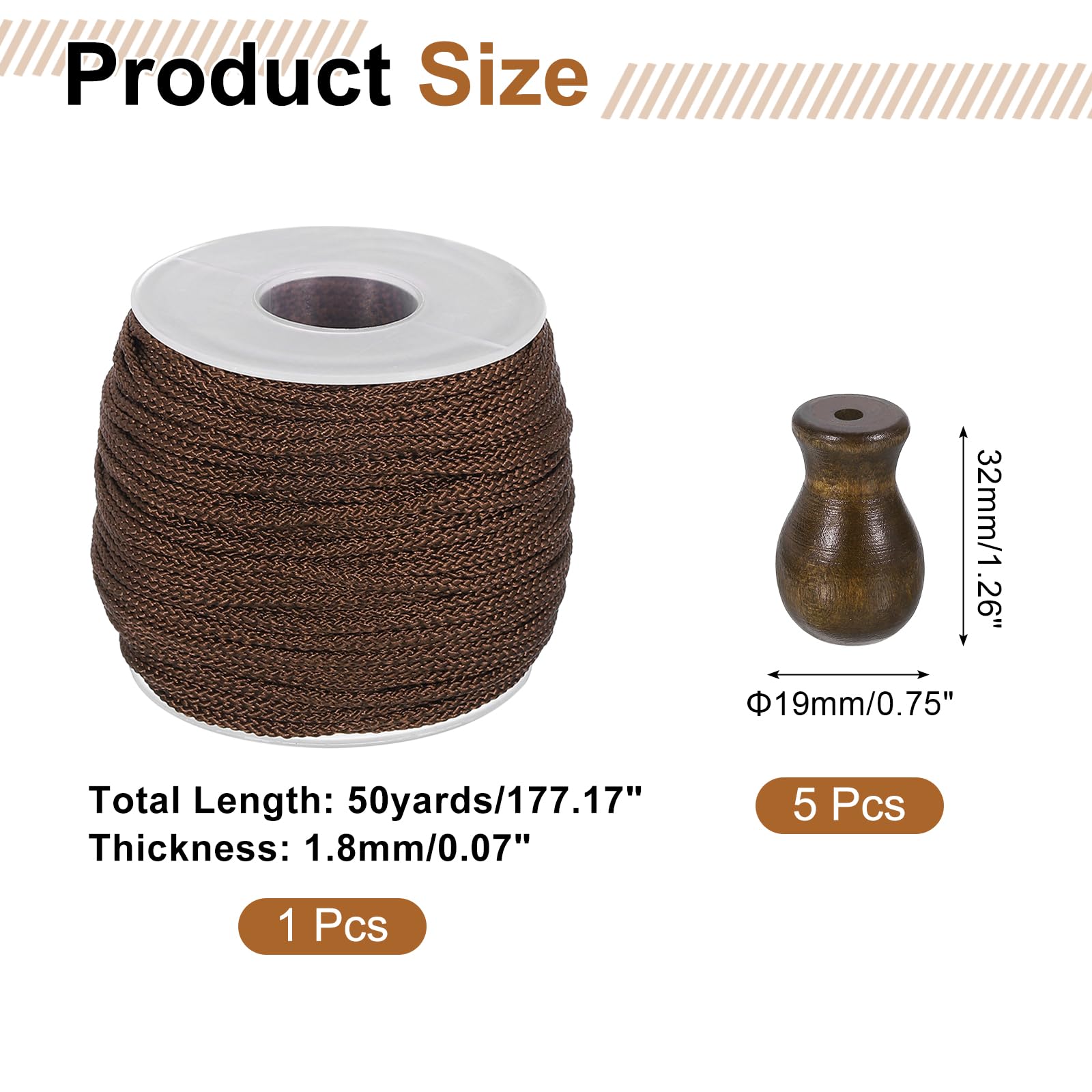 QUARKZMAN 50 Yardas Cuerda para Persianas Romanas Trenzada 1.8mm con 5 Piezas Pendant Cuerda Madera para Persianas Rolleras Romanas Manualidades DIY Marrón