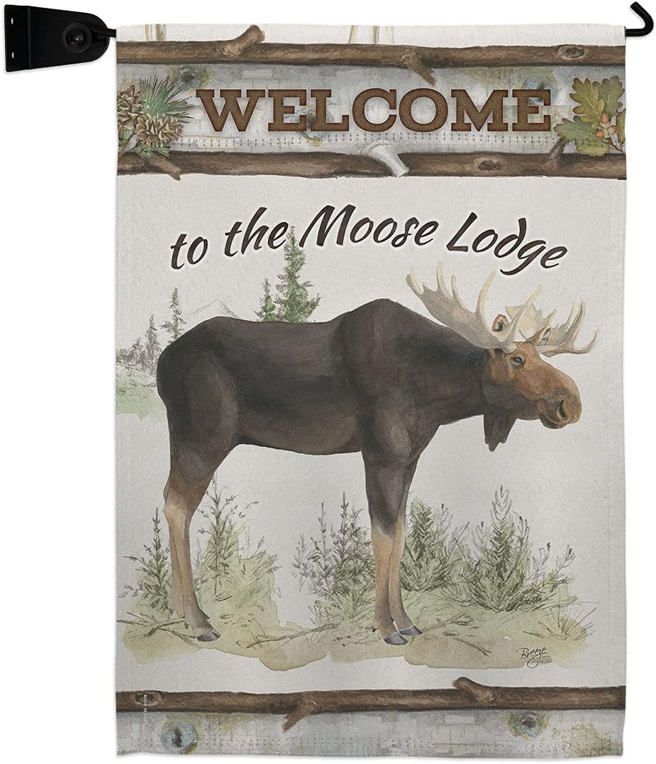 Breeze Decor The Moose Lodge Garden Flag Set Wall Holder Outdoor Rustic Lake Cabin Wildlife Adventure Forest Small Decorative Gift Yard House Banner Double-Sided Made in USA 13 X 18.5