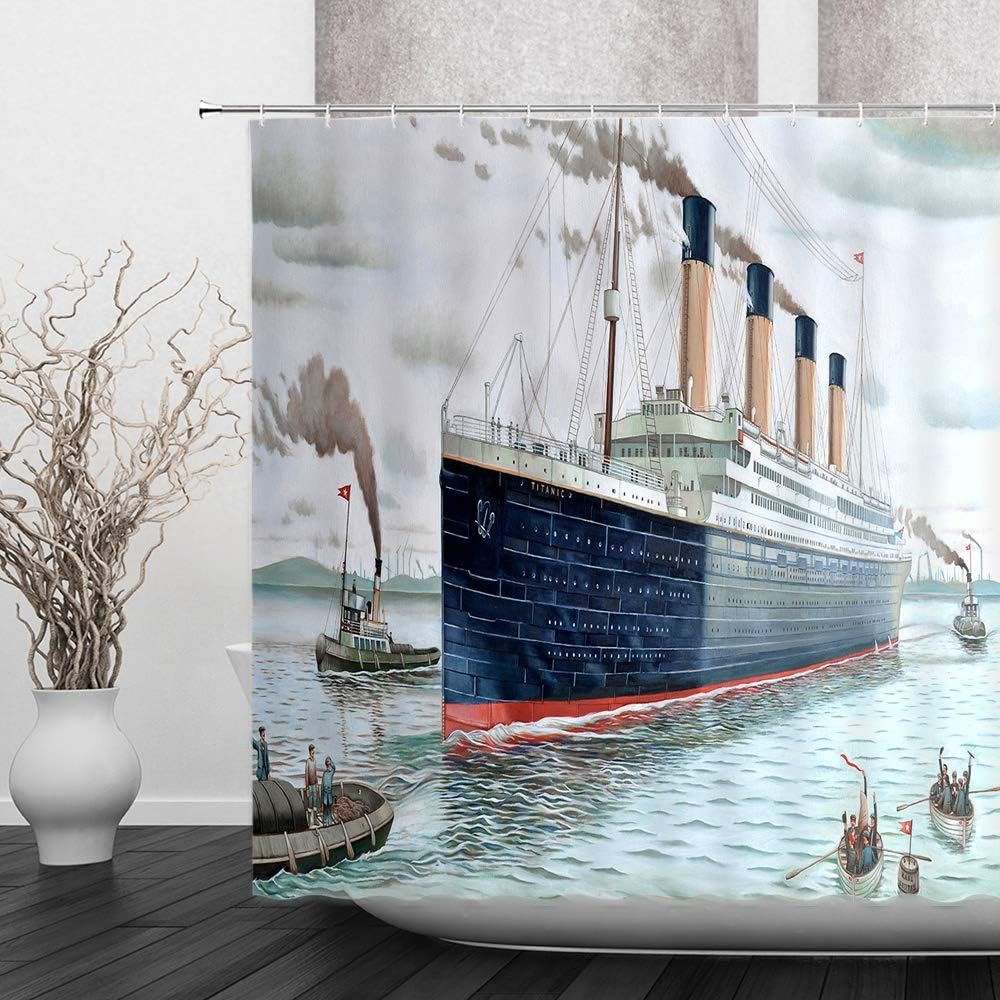 Nautical Decor Shower Curtain Retro Classic Titanic Ship Ocean Scenery Watercolor Art Bathroom Decoration Curtains Polyester Fabric with Hook Dark Blue (Blue, 70 X 96 Inch)