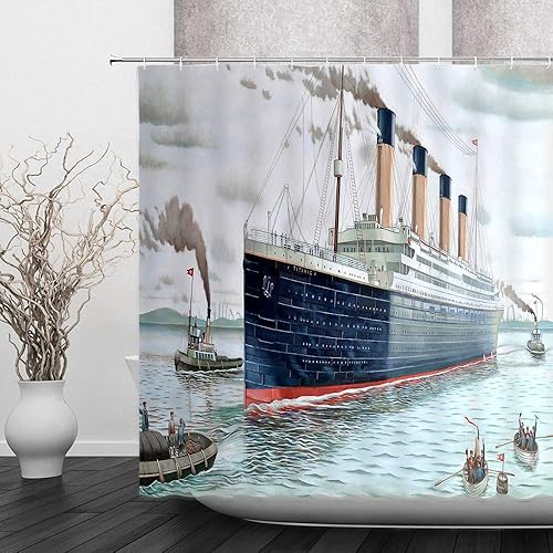 Miniatura 2 de Cortina de ducha de decoración náutica, retro, clásica, barco Titanic, paisaje, acuarela, arte de baño, cortinas de tela de poliéster con gancho,