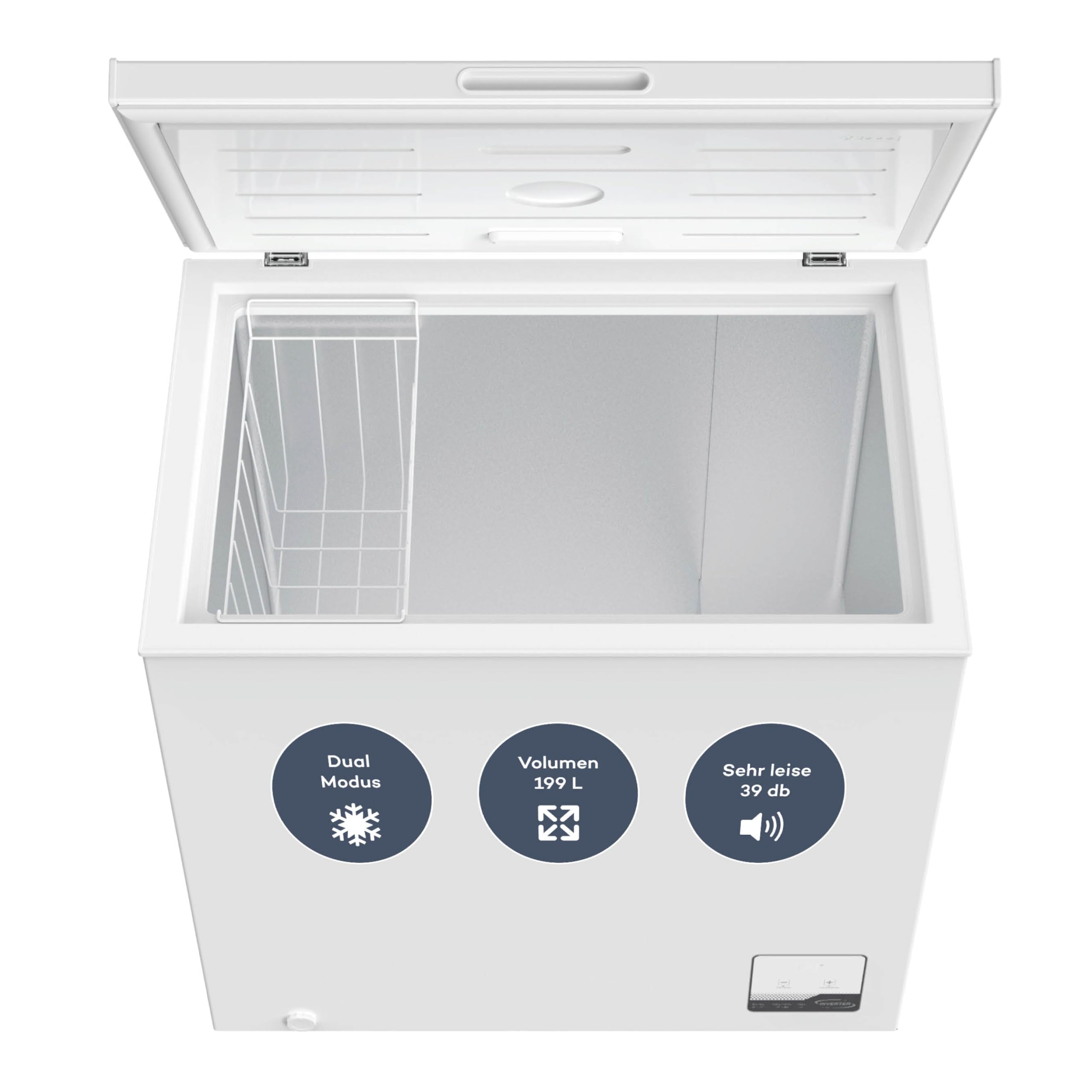 SCHOEPF – GT200S Gefriertruhe 199 L – Weiß – 83,5 x 82,3 x 55,6 cm – Energieklasse E – Schnellgefrieren – 39 dB – 200 kWh/Jahr – 4-Sterne-Kennzeichnung – Freistehend