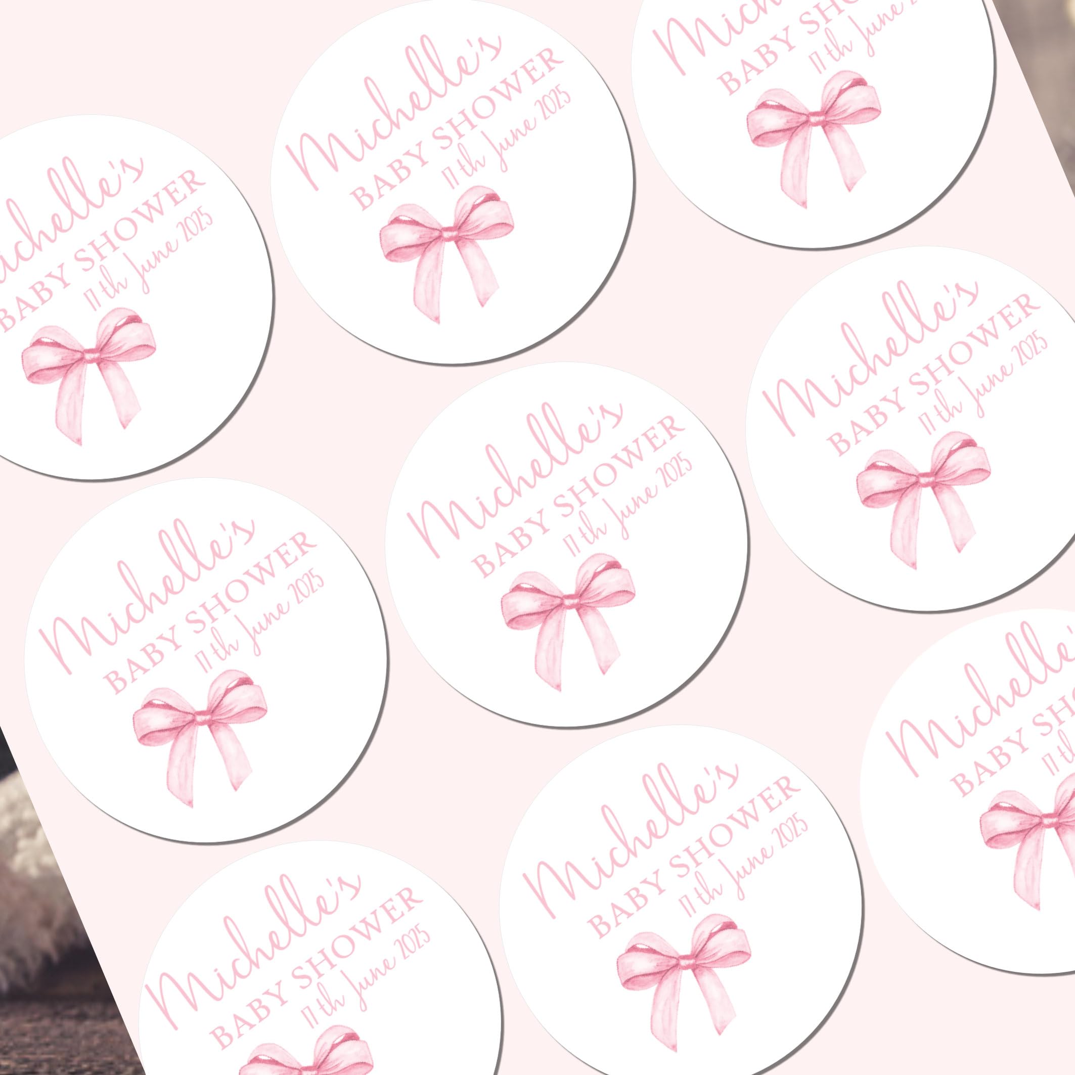 Personalised Gloss Baby Shower Stickers – Custom Pastel Pink Bow Baby Shower Party Labels