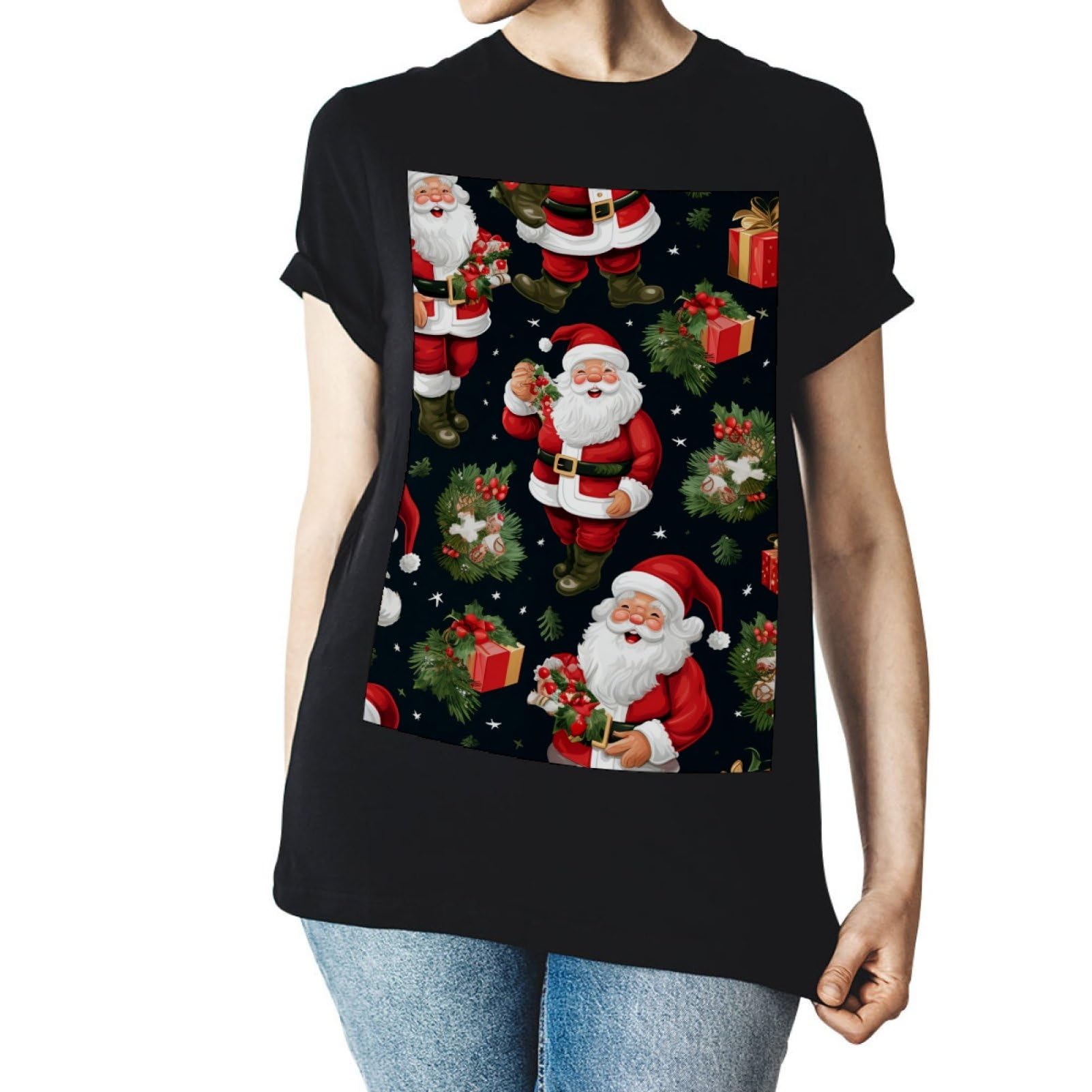 Camisetas clásicas, camisetas ajustadas suaves para hombre, 100% algodón, cuello redondo, lindo y divertido Papá Noel manga corta