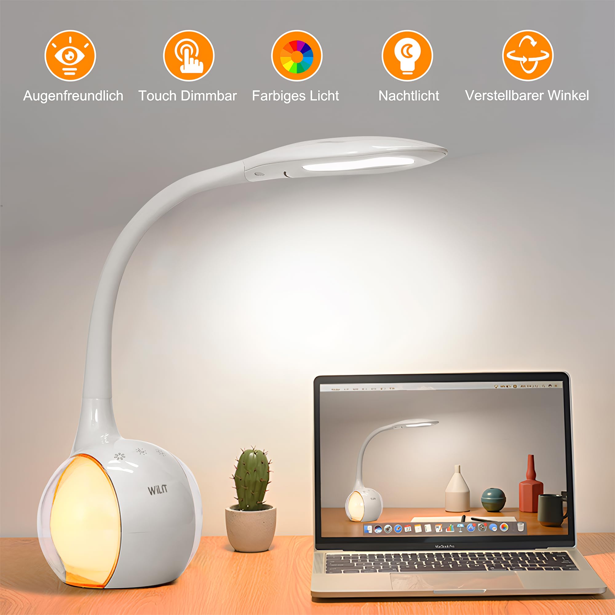 WILIT T3 Lampada da Scrivania Bambini, Lampada da Tavolo LED Regolabile con Luce Notturna Multicolore RGB, 3 Livelli di Luminosità, Lampada da Lettura con Controllo Tattile, Bianca