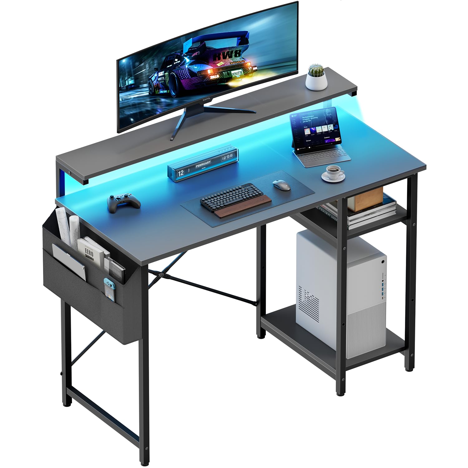 HLDIRECT 40" Gaming Desk with 3-Height Adjustable Monitor Stand