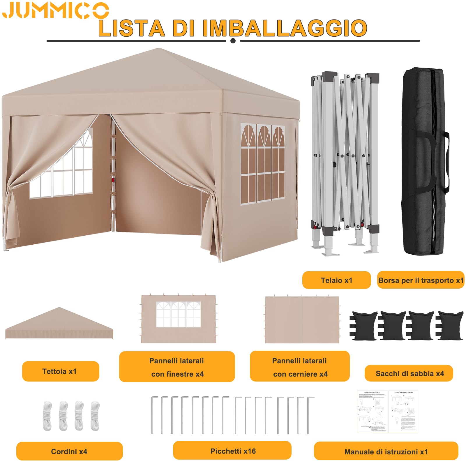 JUMMICO Gazebo 3x3m Pieghevole, Altezza Regolabile, Struttura Stabile, Copertura Esterna Resistente e Impermeabile, con Pareti Laterali, con 4 Sacchi di Sabbia di Peso e Sacca da Trasporto, Beige