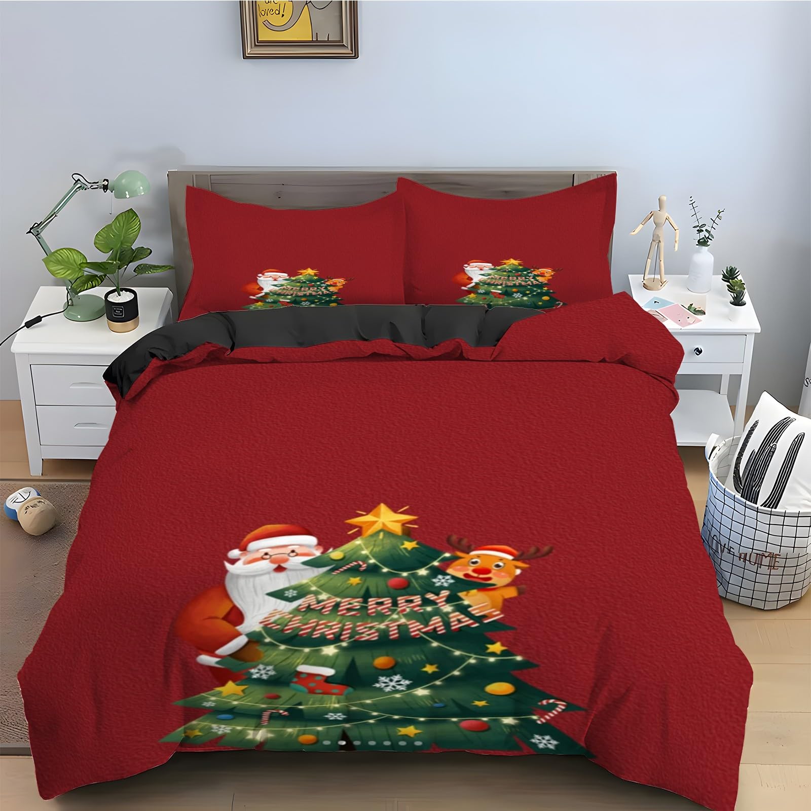 Housse de couette 160x200 microfbre douce avec 2 taies parure lit décoration Noël KG1479
