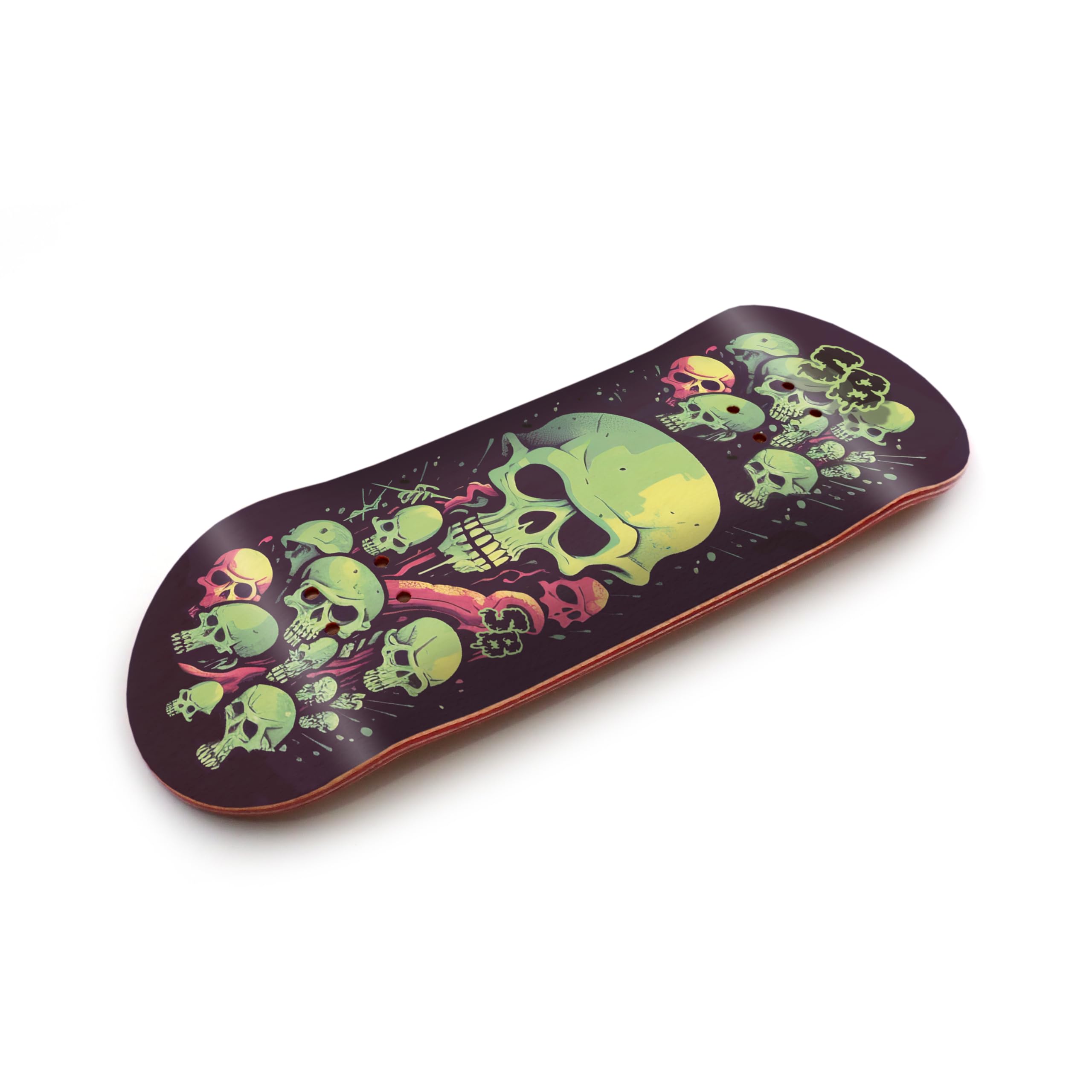SPITBOARDS Touche 34 mm – Bois véritable (5 couches) Forme classique Popsicle Street – Taille : 34 x 96 mm – Planche graphique unique (usure réelle) – Concave optimisée – Crâne vert citron