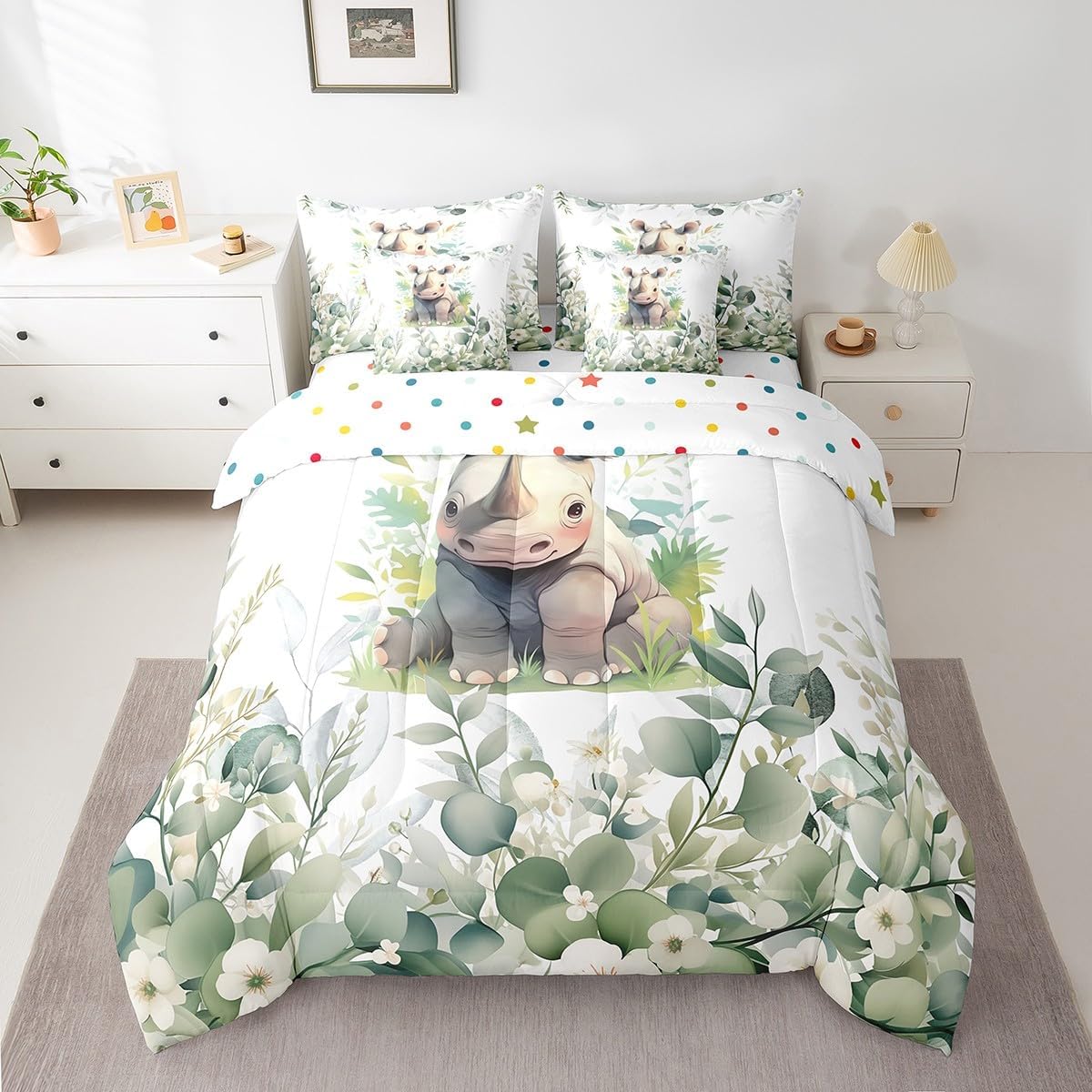Erosebridal Kawaii Rhino Full Comforter Set 7 Pieces for Boys Girls Cartoon Animal Bedding Comforter Sets, Eucalyptus Leaves Bed in a Bag Woodland Wildlife Bedding Set, Botanical Bed Sheets Set