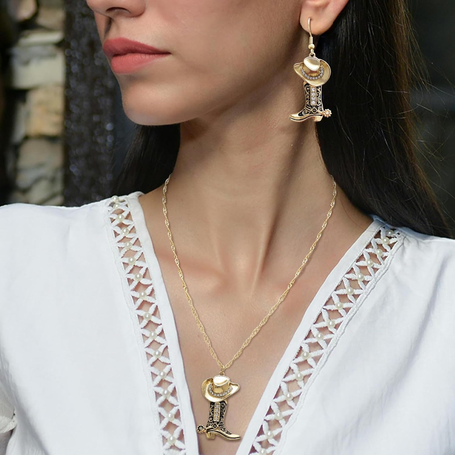 RechicGu 2 Pcs Western Cowgirl Hat Boots Earrings Necklace Jewelry Set Sparkly Cowboy Chic Boot Earrings Twist Link Chain Cowboy Necklace Dainty Rodeo Accessories for Ladies Country Concert Outfits - Image 4