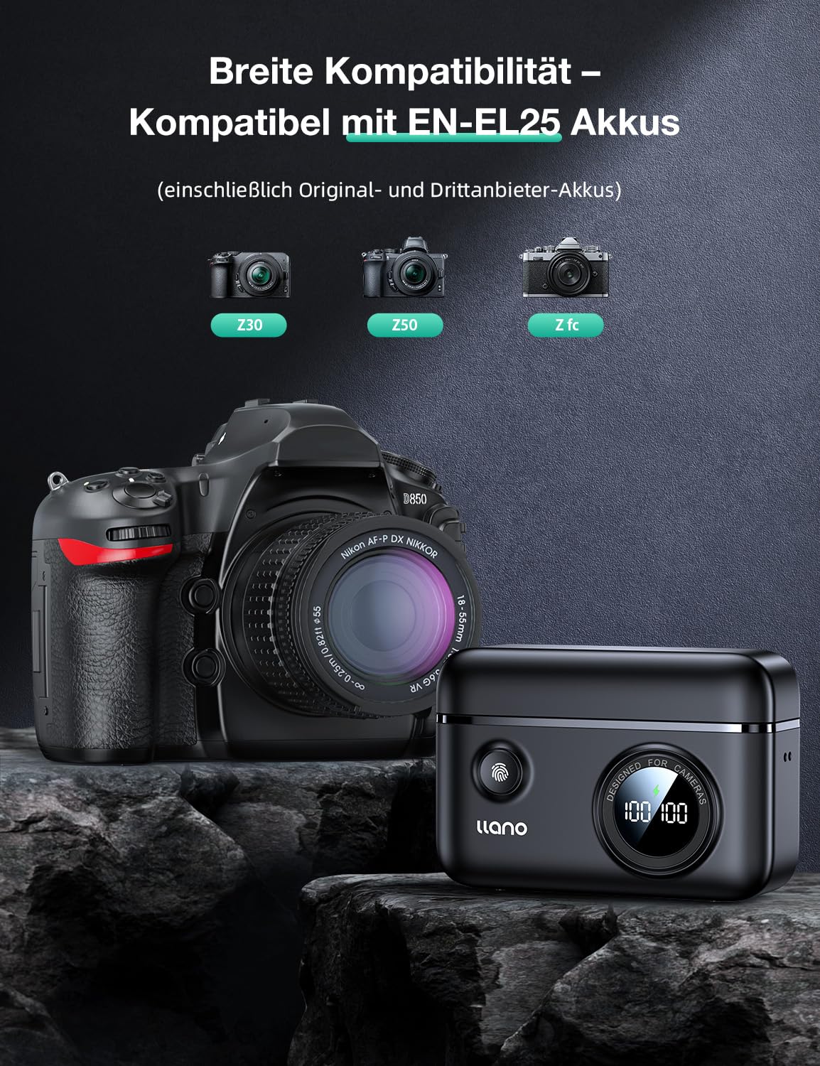 llano 2er-Pack EN-EL25 Akkus mit 18W Schnellladegerät für Nikon Z50 II, Z50, Z30, Z fc 1350 mAh Hochkapazität SD-Kartensteckplatz Intelligentes Digitaldisplay