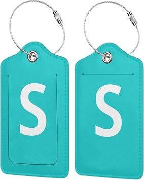 Luggage Tags for Suitcases, Teal Letter S, Premium Leahter ID Baggage Tags with Privacy Cover, Identifiers w/Stainless Loop Suitcase Labels