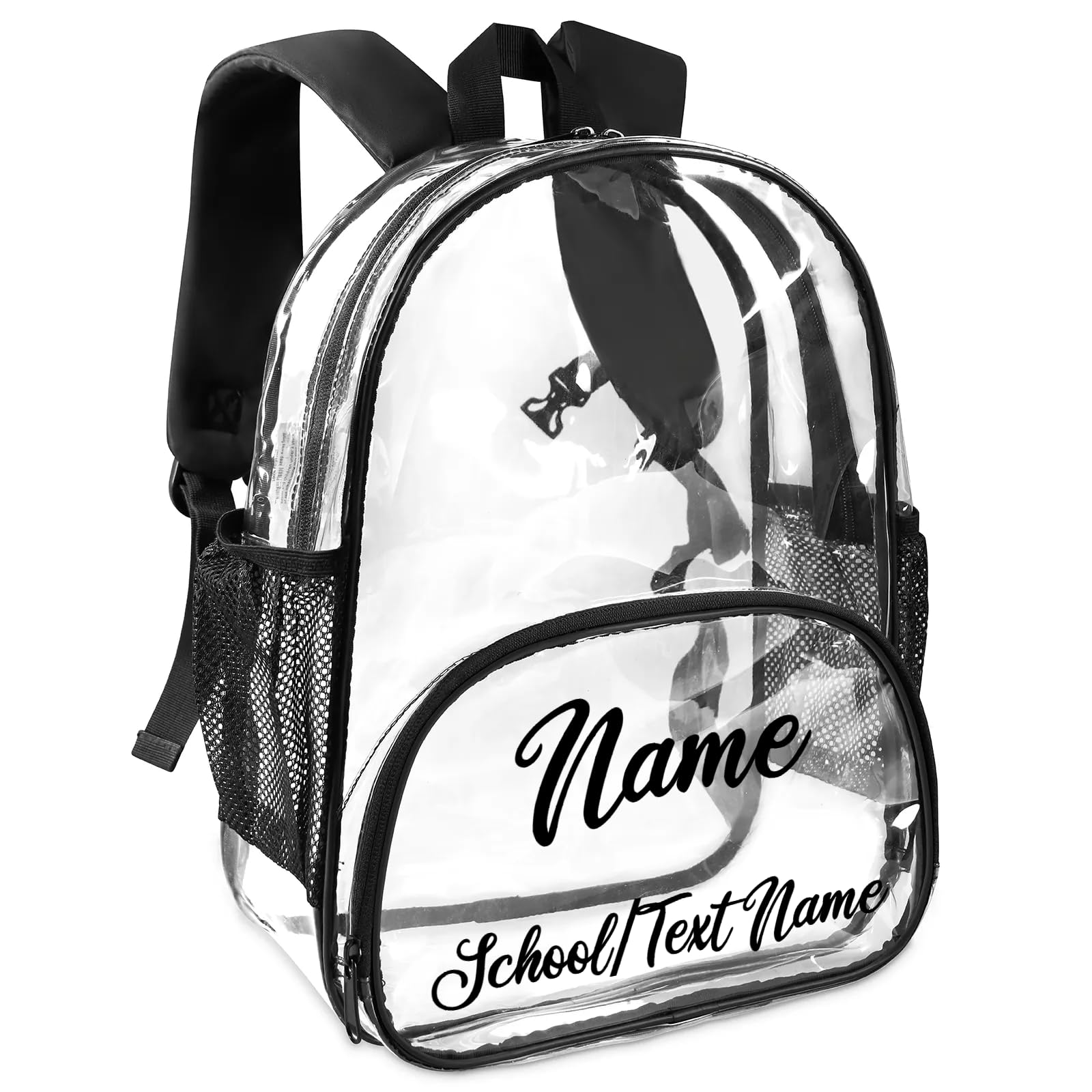 Foerrkelg Clear Bookbag Personalized Name Transparent Black Backpack, Custom See Through Sport Travel Plastic Back Pack PVC with Reinforced Strap,