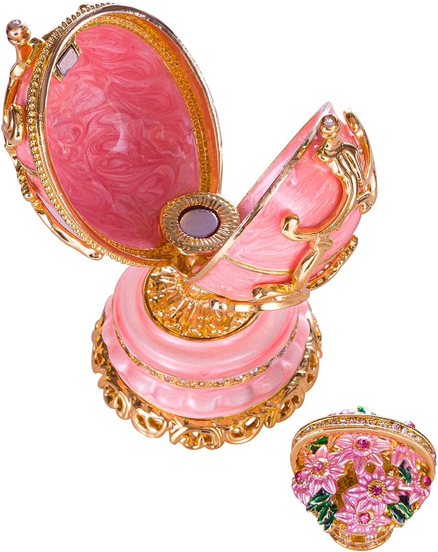 danila-souvenirs Faberge style Spring Flowers Egg with Basket of Flowers 3.4'' (8.5 cm) pink