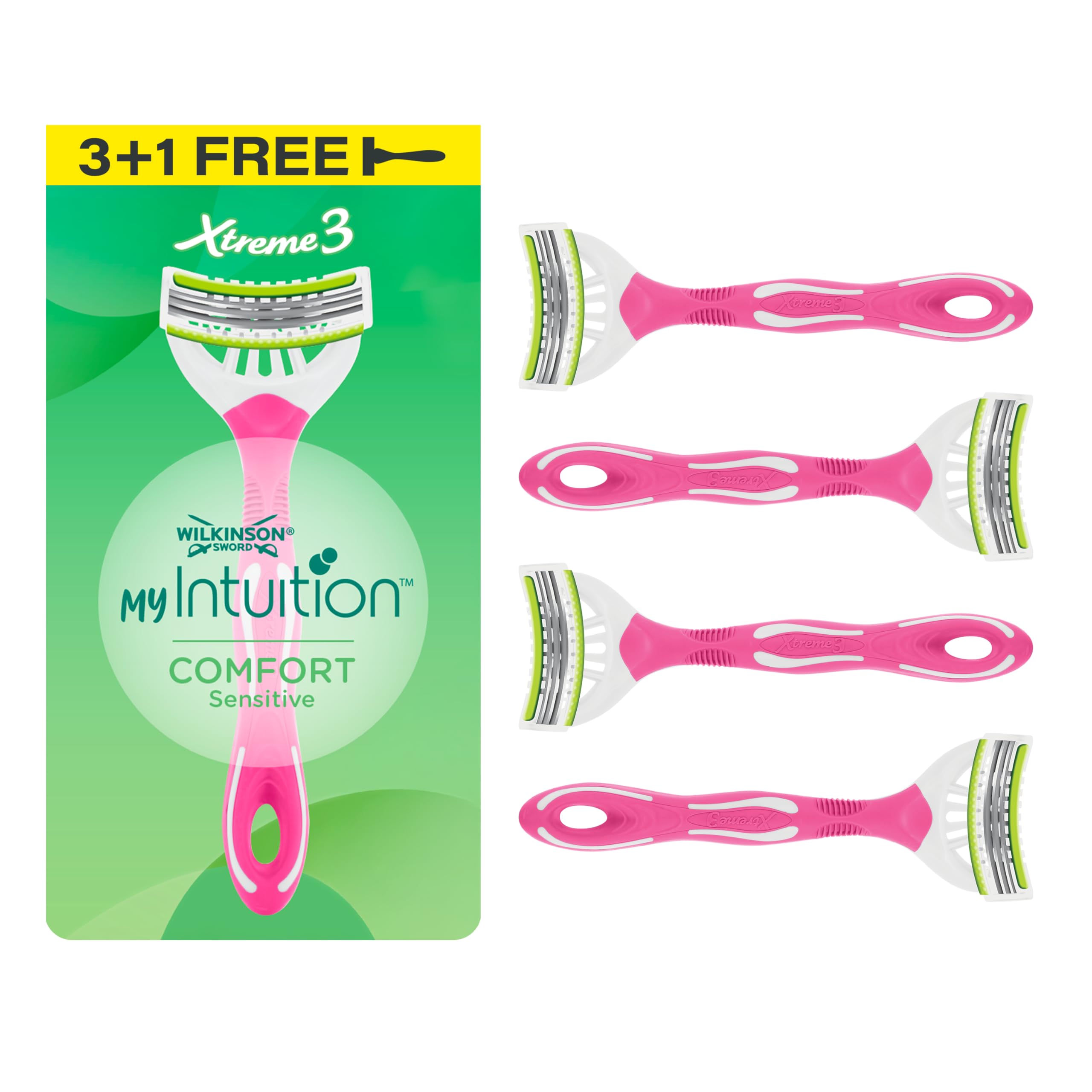 Wilkinson Sword myIntuition Xtreme 3 Comfort Sensitive Women's Disposable Razors, 3 Pack of Sensitive Skin Razors for Women Plus 1 Bonus