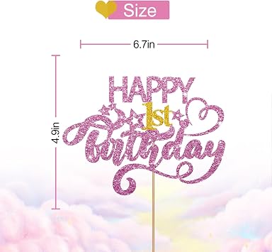 Pink Glitter Happy 1st Birthday Cake Topper, 1 Piece, 6.3 x 3.5 Inches, Dessert Decorating Cake Toppers, Birthday Party, Pink with Glitter