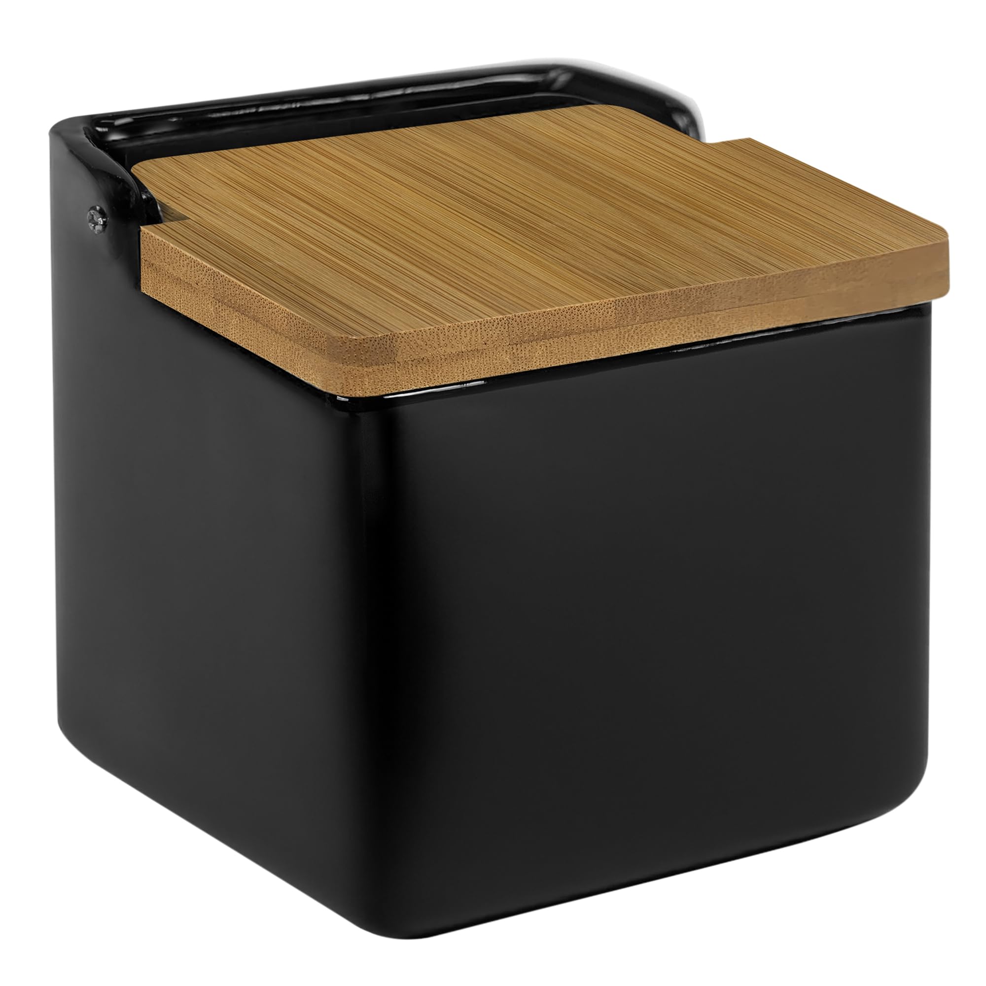 TIENDA EURASIA – Salero de Cocina de Cerámica | Tapa Abatible de Bambú | Color Negro | Medidas 12x12x11 cm | Diseño Moderno y Elegante