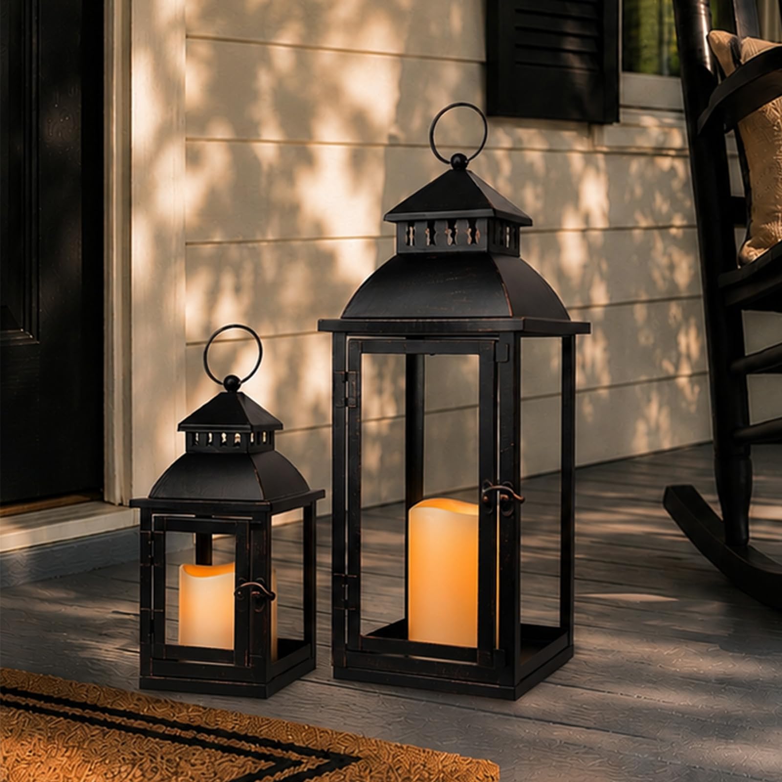 NEEDOMO LED Lanterns Decorative Outdoor&amp;Indoor, Set of 2 Large Bronze Metal Lantern Decor with LED Candle, Lantern Decor for Porch, Patio, Garden, Balcony, Wedding, Spring Decorations (NO Glass)