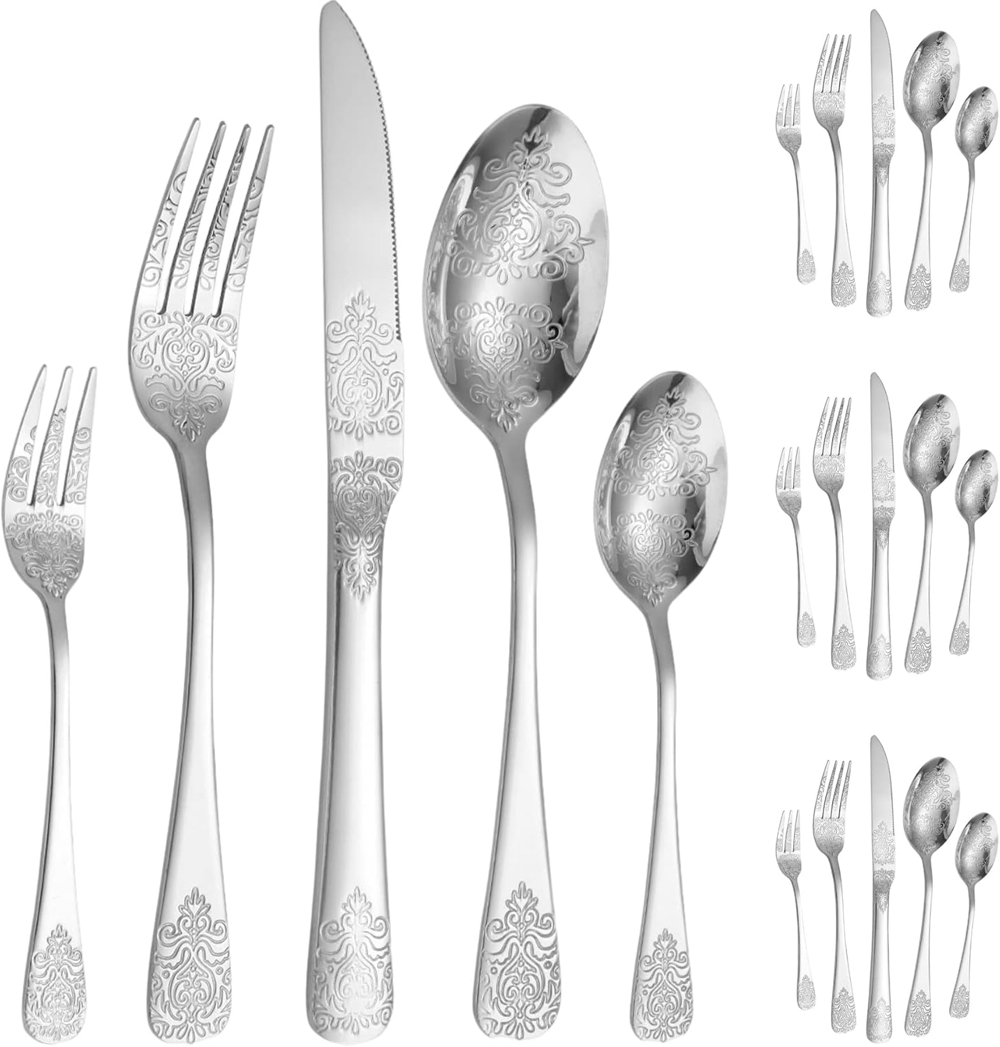 Vilihkc Unique engraved pattern design Silverware Set,20 Piece Stainless Steel Flatware Set, Kitchen Utensil Set Service for 4,Tableware Cutlery Set for Home and Restaurant,Dishwasher Safe