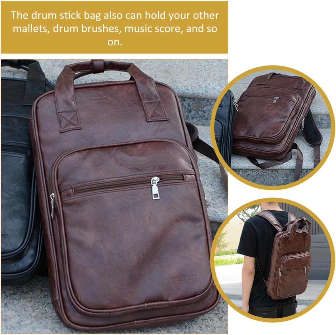 Drumstick Holder Bag with Thickened Brown Fabric, Sturdy Mallet Carrier and Music Sheet Storage, Student and Teacher Drumstick Organizer for Practice and Travel image 3