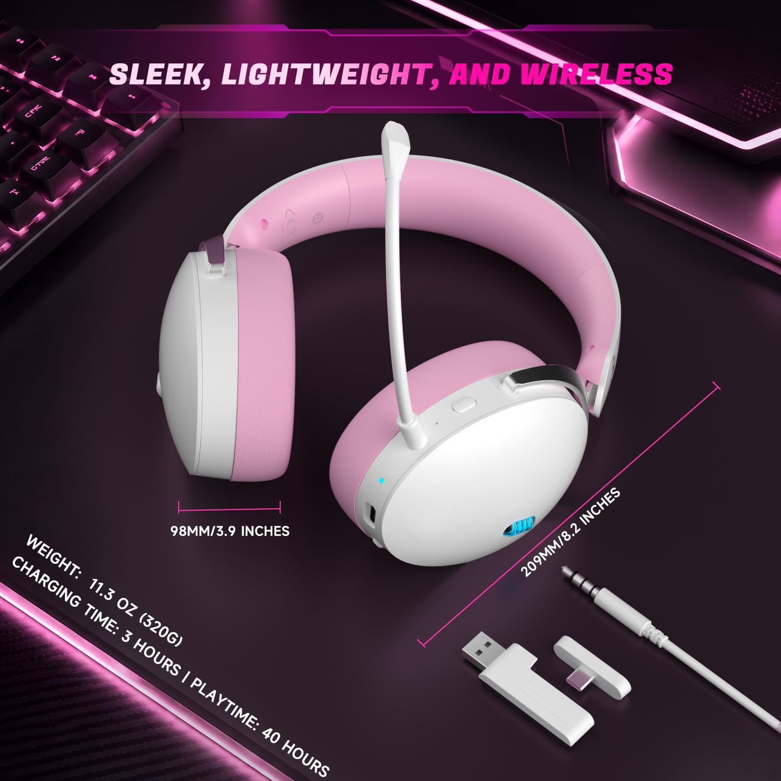 Acer Cuffie da gioco wireless da 2,4 GHz per PS5, PS4, PC, Switch, cuffie da gioco tri-mode con microfono a cancellazione del rumore, suono stereo, batteria 40+ore, driver da 50 mm - rosa-bianco