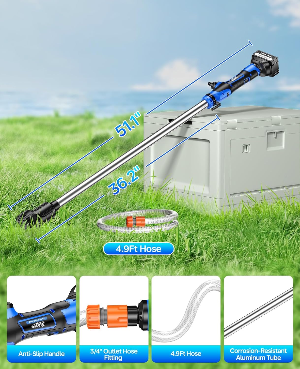 Cordless Stick Water Transfer Pump with 2x4.0Ah 21V Batteries, 770GPH, 32FT Head, 45-Mins Long Runtime, Powerful & Quick Battery Water Pump Compatible with Makita 18V Battery