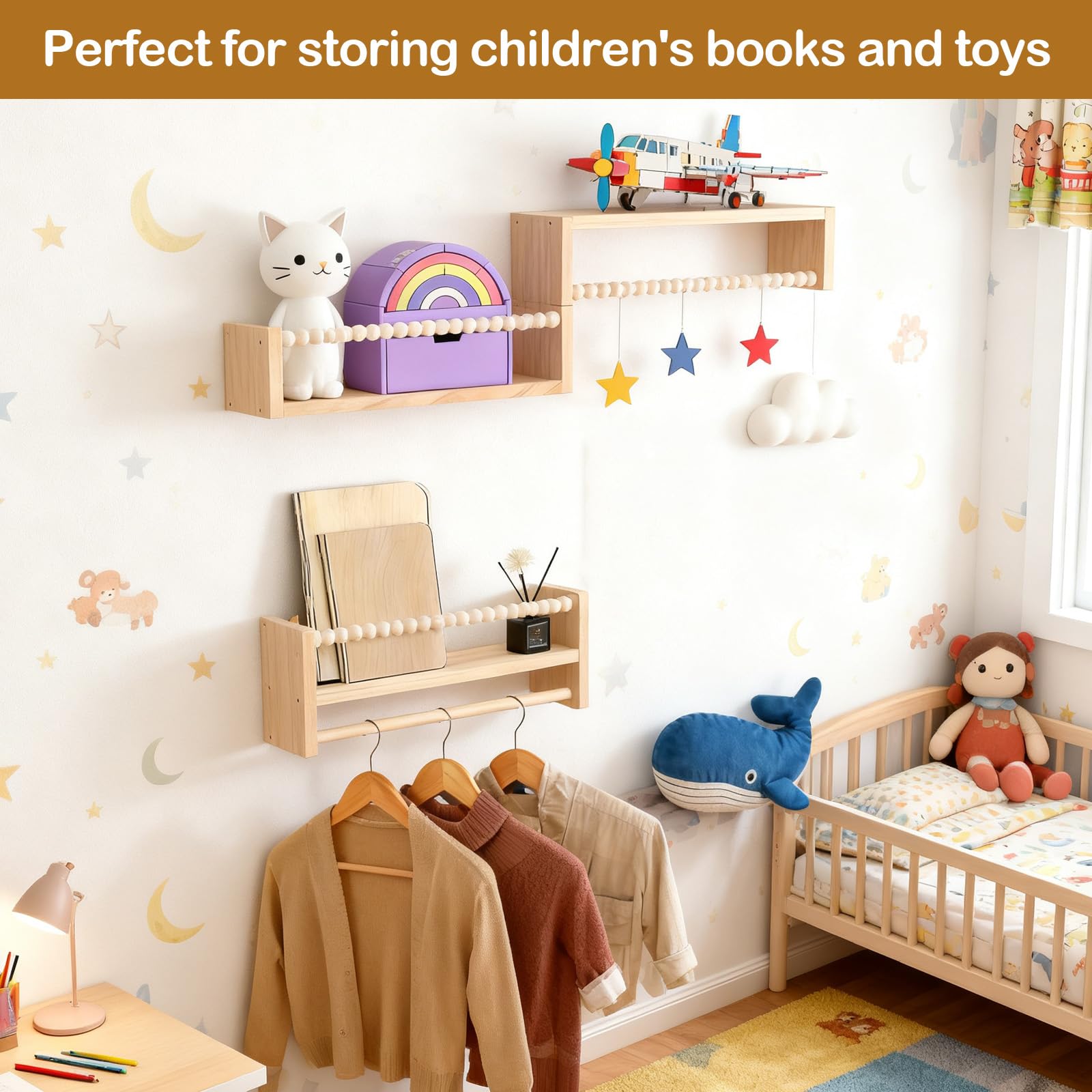 LibreríA Infantil, EstanteríA De Pared De 3 Piezas para HabitacióN Infantil con Cuentas De Madera EstanteríA Flotante para Libros Marcos De Fotos Y Adornos para Cocina Dormitorio SalóN Y BañO