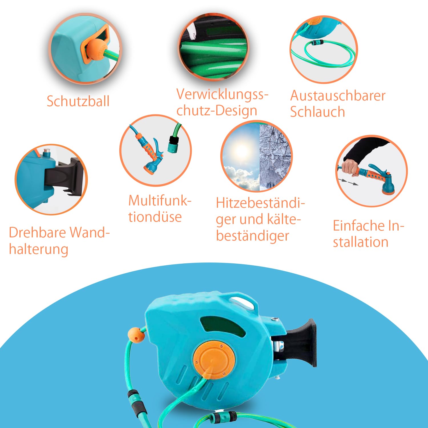 Kurflo Wand-Schlauchtrommel 20 m, Tragbare Schlauchtrommel, Automatischer Rückzug, mit Multifunktionsdüse & 180°-Drehbügel, Rostfrei, Geeignet für Gartenbewässerung, Reinigung, Autowäsche