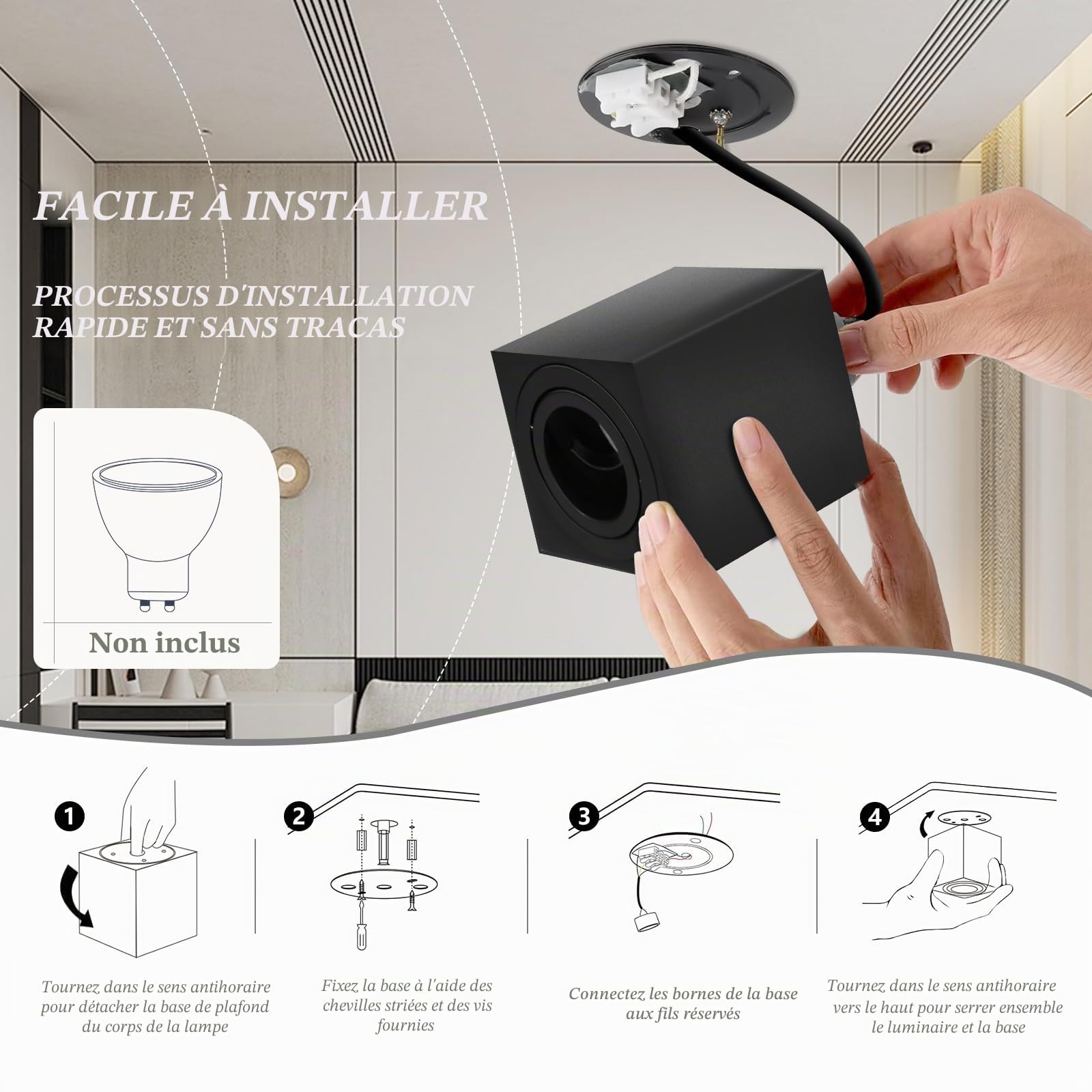 GeyouLux Spots GU10 en Saillie Noir, 80x84mm Spots Plafond Carrés, Orientables 30°, Plafonnier 230V avec Douille GU10, Spots de Surface en Aluminium, Sans Ampoules, 4 Pièces
