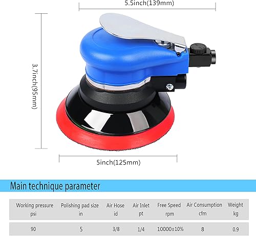 Miniatura 6 de Lijadora orbital aleatoria de aire de 5 pulgadas de doble acción pulidora de órbita neumática Pro herramientas de lijado de pulido plateado