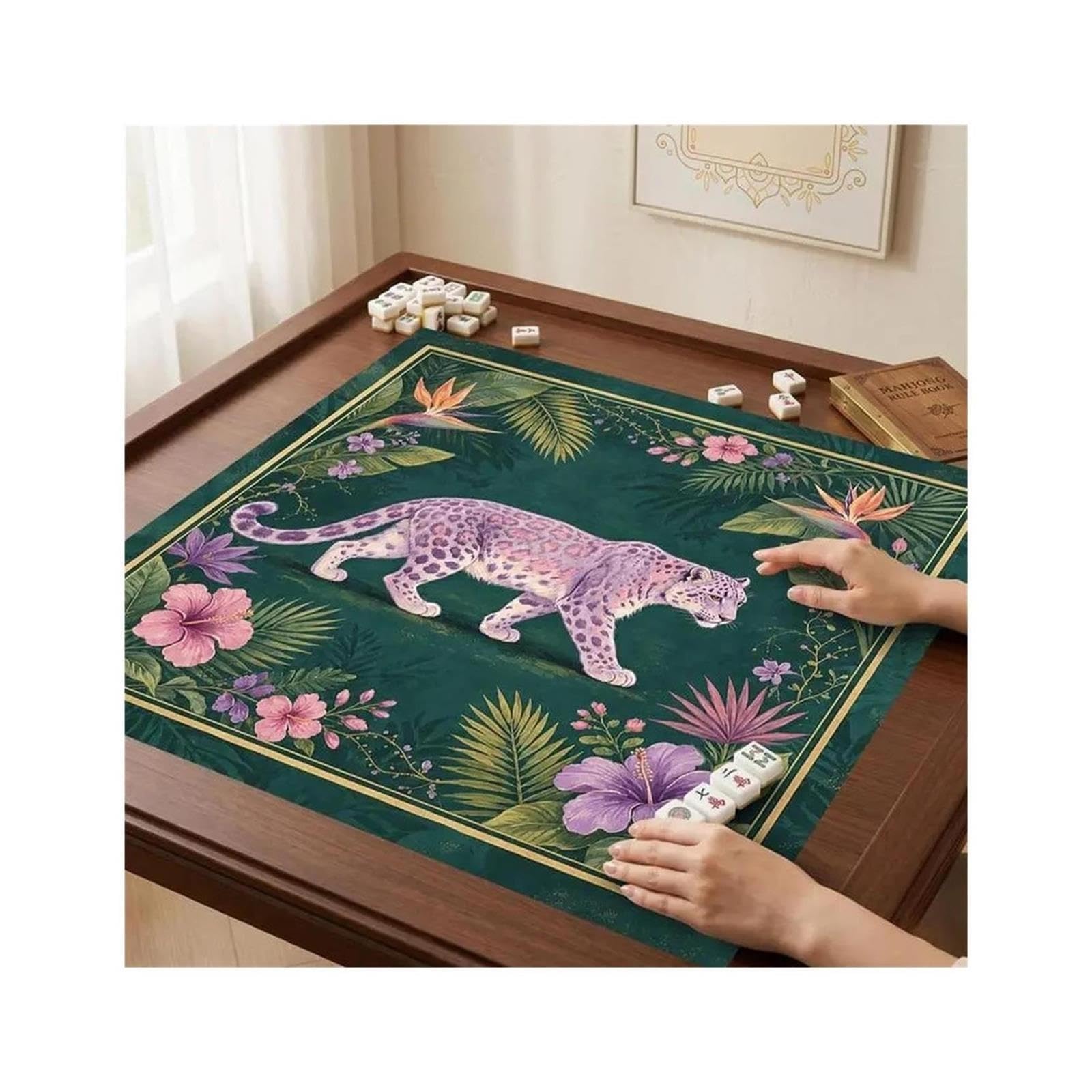 Tappeto Mahjong Tappetino Mahjong leopardo verde scuro viola silenzioso for la casa della giungla vintage(Star Tiger,70x70cm 28inch)
