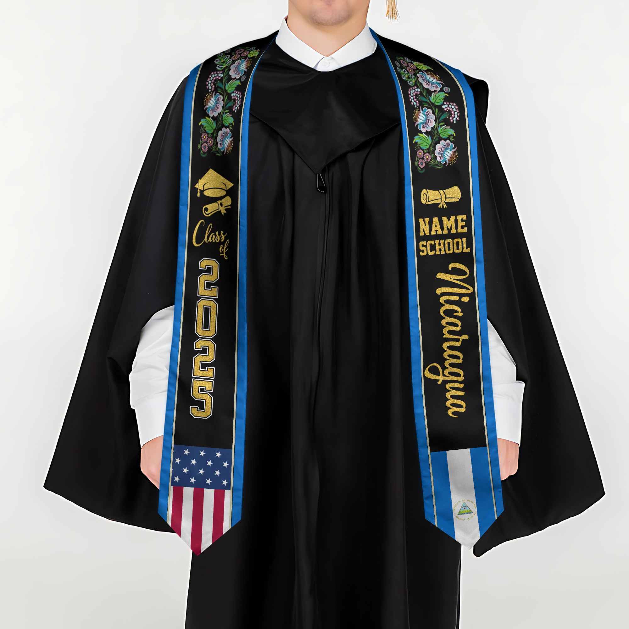 MonkeyVan Personalized Nicaragua Graduation Stole,Custom Nicaraguan Flag Graduation Sash,Nicaragua Stole Class of 2025 Sash S4