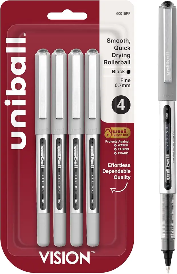uni-ball Vision Stick Roller Ball Pens, Fine Point, Black Ink, Pack of 4