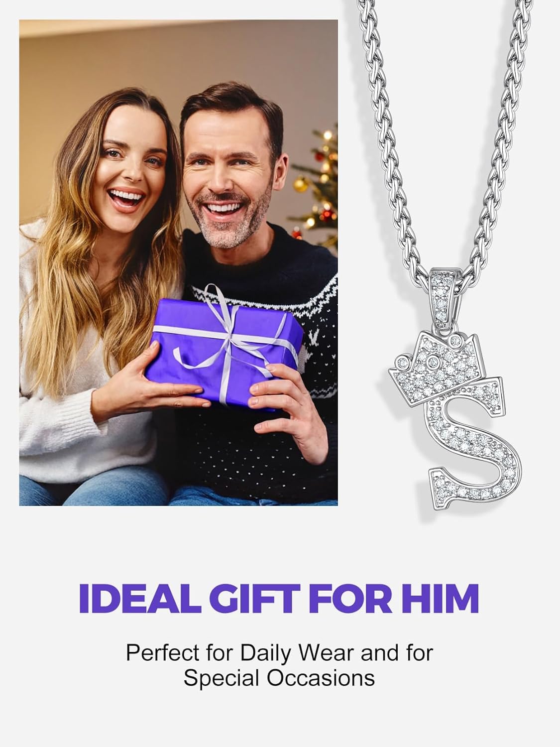 Richsteel Silver Crown Initial A-Z Necklace, Cubic Zirconia Letter Pendant with 22"+2'' Adjustable Chain, Men Women Bling Hip Hop Jewelry for Father's Day/Anniversaries/Birthdays - Image 7