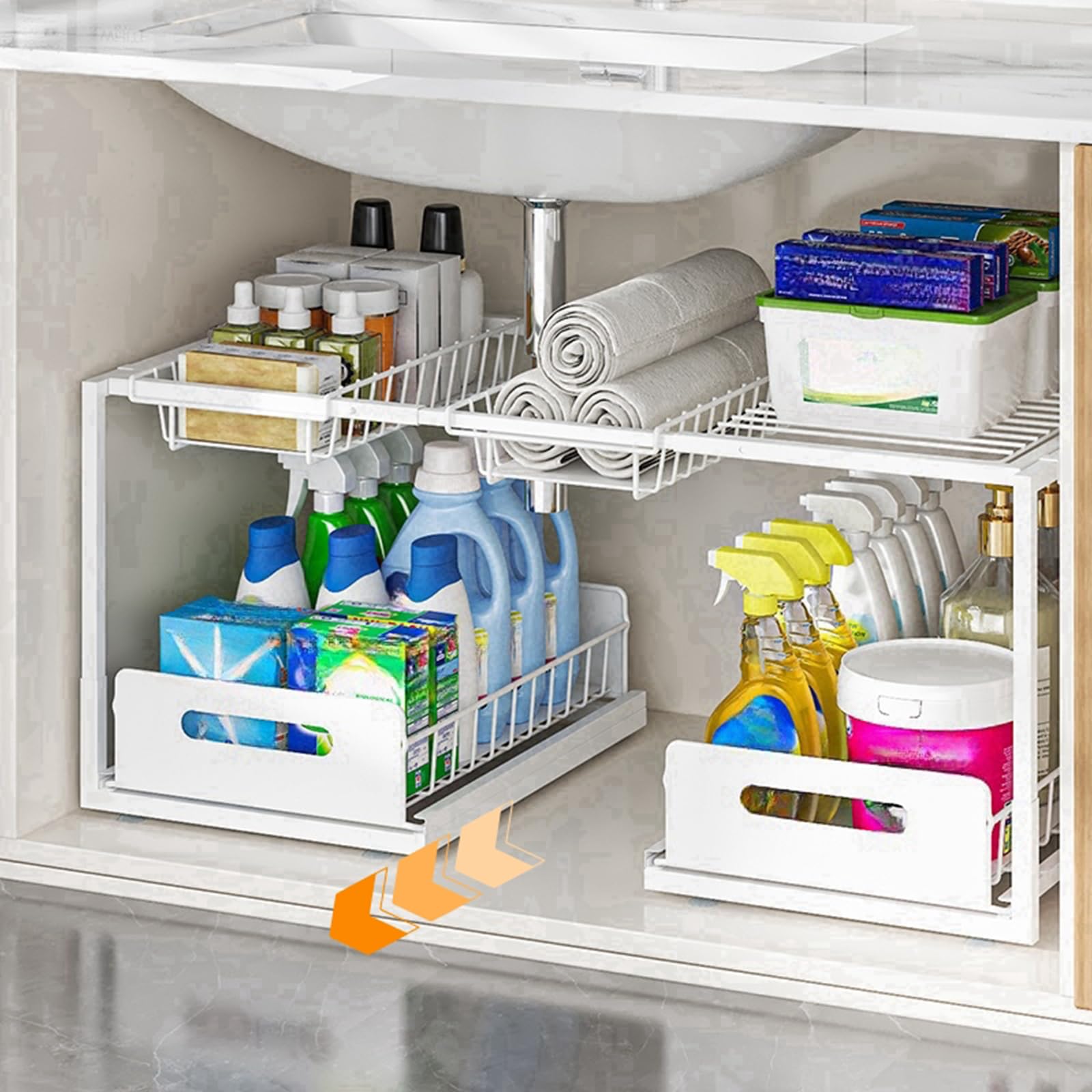 ママ倉 Organizador para debajo del fregadero, organizador de gabinete de cocina deslizante de 2 niveles, almacenamiento debajo del fregadero para baño, cocina, color blanco