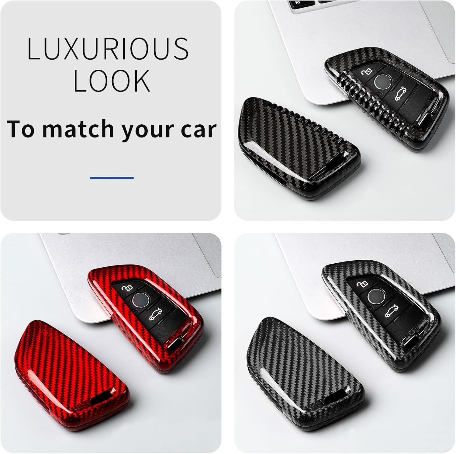 T-carbon Key Fob Cover Compatible with BMW Key Fob Protecetor Compatible with BMW 2 3 4 5 6 6GT 7 8 Series,X1 X2 X3 X4 X5 X6 X7 M3 M4 M5 M8 X3M X4M X5M X6M Z4 2014-2024, Glass Fiber, Silver Black