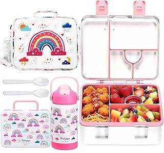 rockpapa 5 Compartment Bento Lunch Box for Kids with Uensils & Insulated Water Bottle & Lunch Bag with Strap, BPA-Free Lunch box Containers Set for School Boys Girls Ages 3+ (White Rainbow)