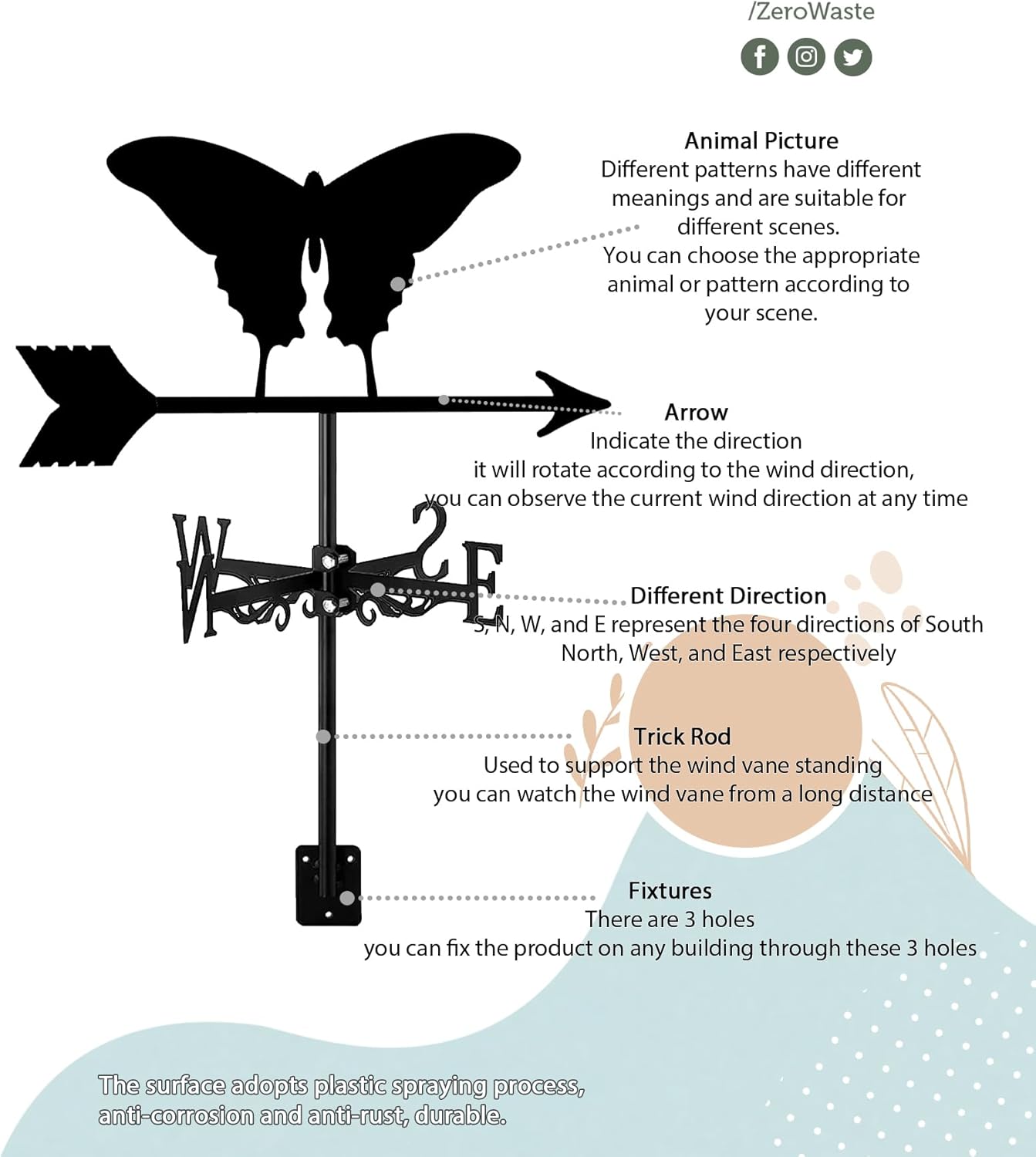 Butterfly Weather Vane Weathervane for Garden Yard Lawn Farm Ornament Indicator Black Vintage Black Metal Weather Vane