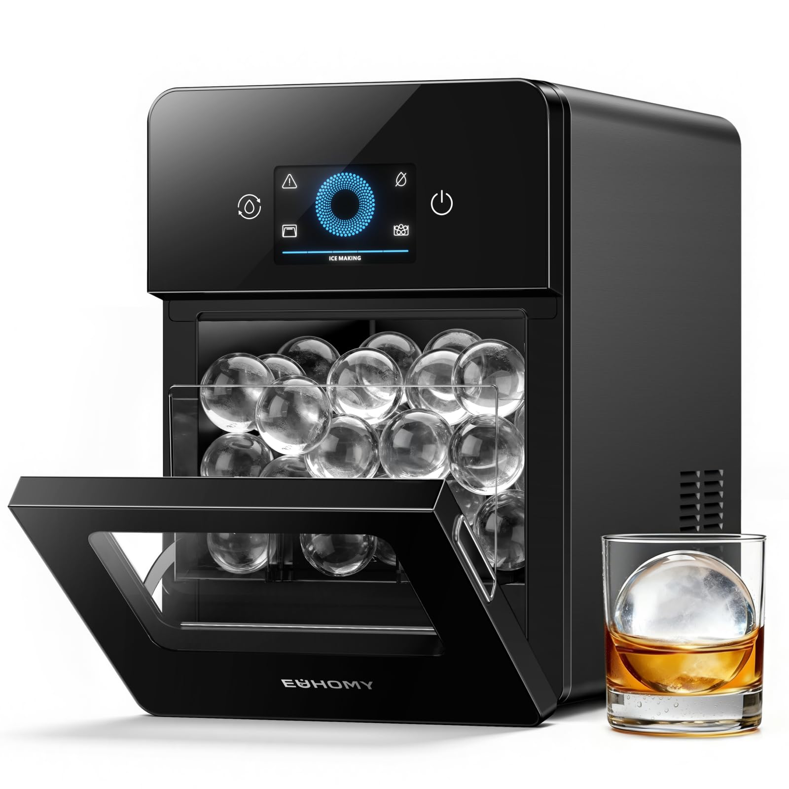 EUHOMY Kugelförmiger Eiswürfelmaschine, Eiswürfelbereiter für Große Eisbällen –108 Stück/Tag Selbstreinigende Eiskugelmaschine für kristallklares Eis – Runder Eiswürfelbereiter für Whiskey & Bourbon IM045