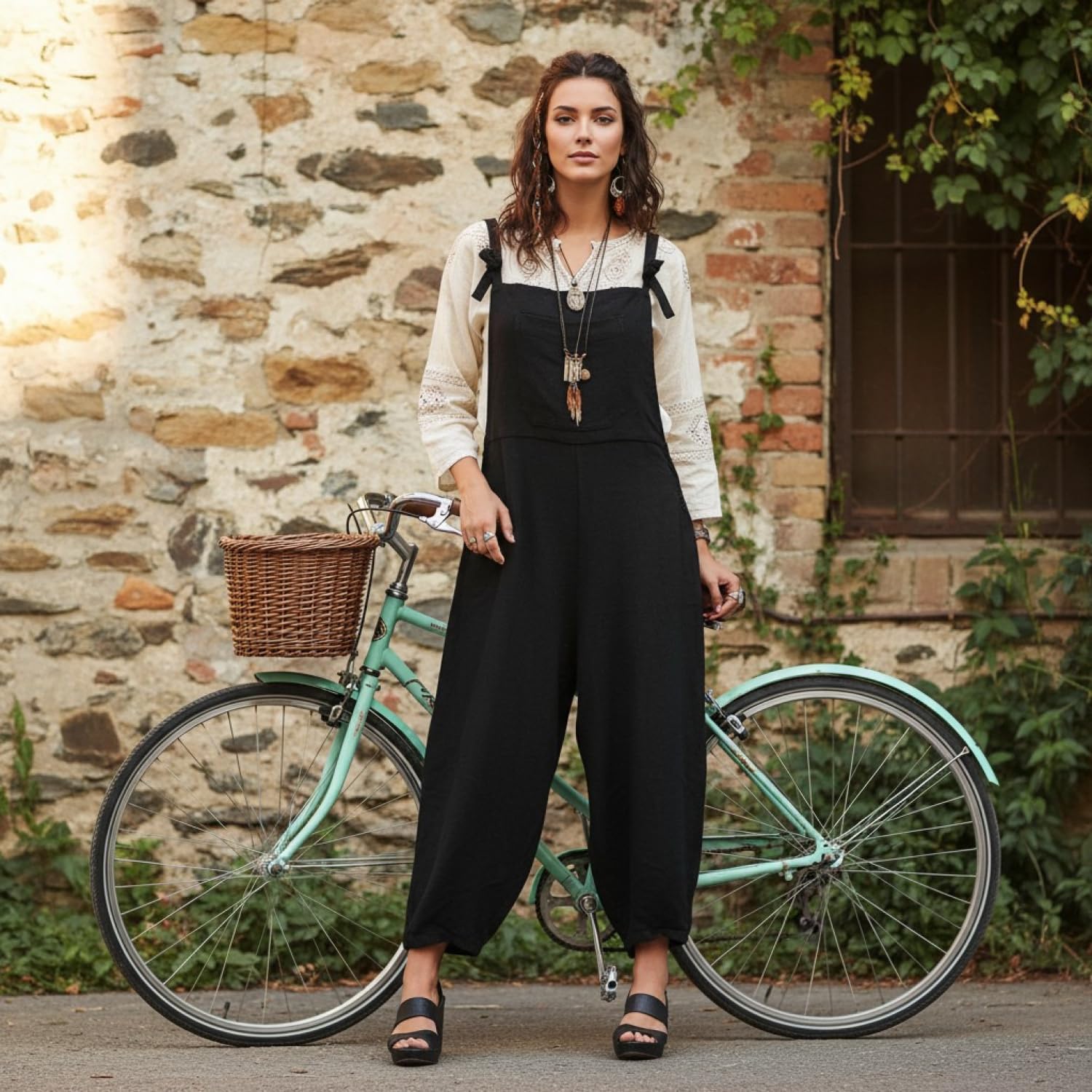 GURU SHOP Natürliche Boho Latzhose, luftiger Sommer-Jumpsuit, weit geschnitten, schwarz