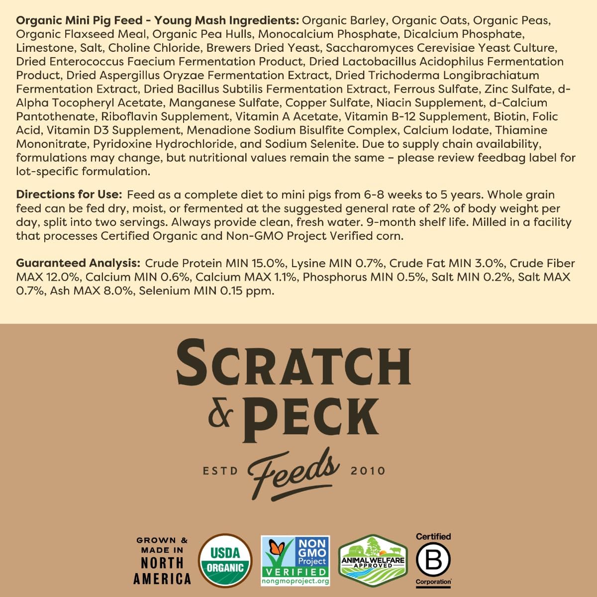 Scratch and Peck Feeds Whole Grain Young Mash Mini Pig Feed - 25 lbs Bag - Corn-Free and Soy-Free - 15% Protein, Certified Organic and Non-GMO Project Verified Mini Pig Food