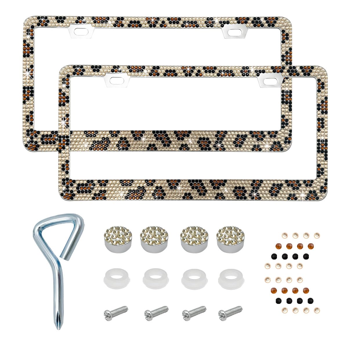 Ziciner Bling License Plate Frame, Sparkly License Plate Tag Cover with Multifaceted Rhinestones, Stainless Steel Crystal License Plate Holder, Universal Exterior Car Accessories (Leopard Print, 2PCS)