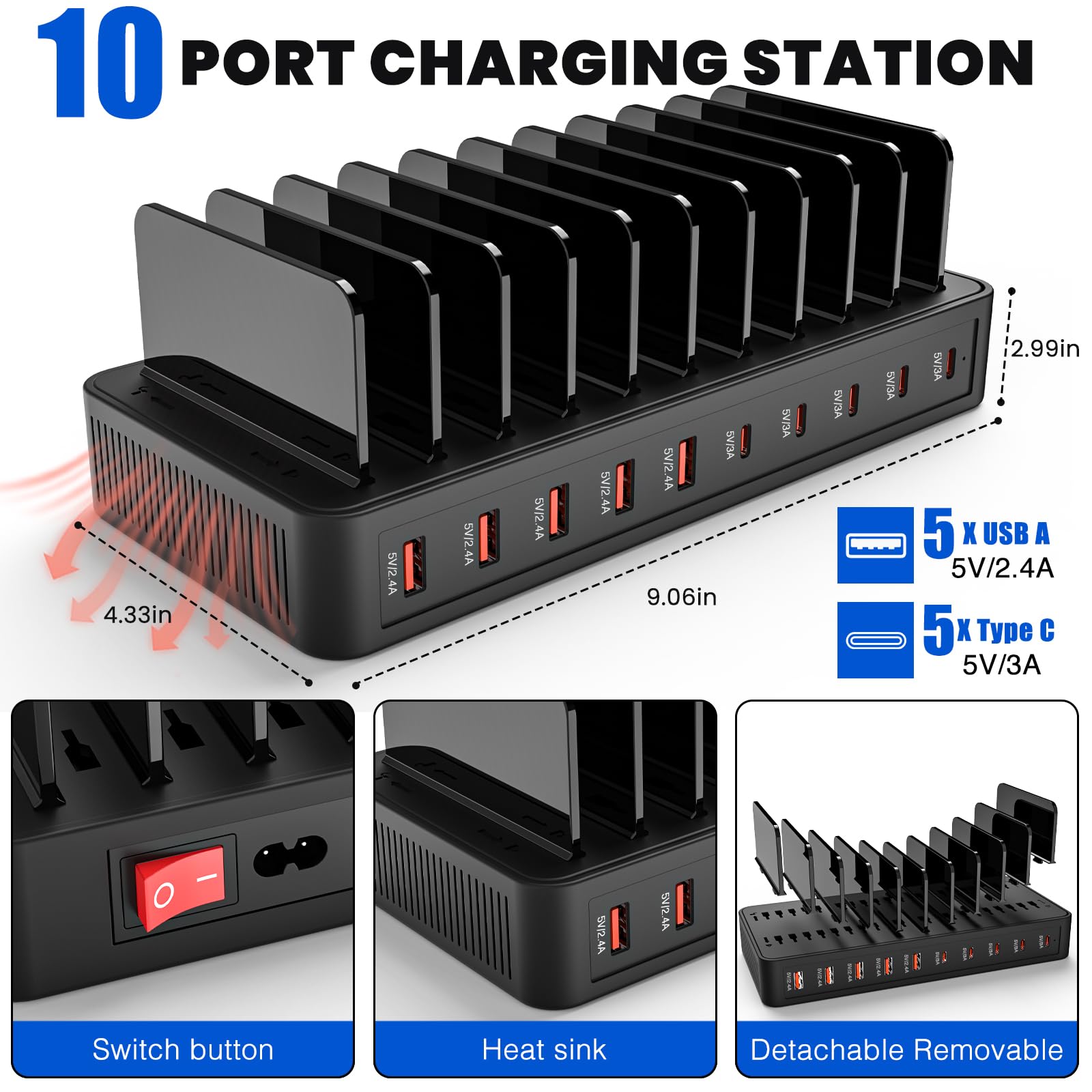 Charging Station for Multiple Devices, 100W 10 Ports Flat Plug Charging Dock with 10 Cables Smart IC Tech and Adjustable Dividers Type-C，Multi USB Charger for iPhone Galaxy iPad Tablet，Black