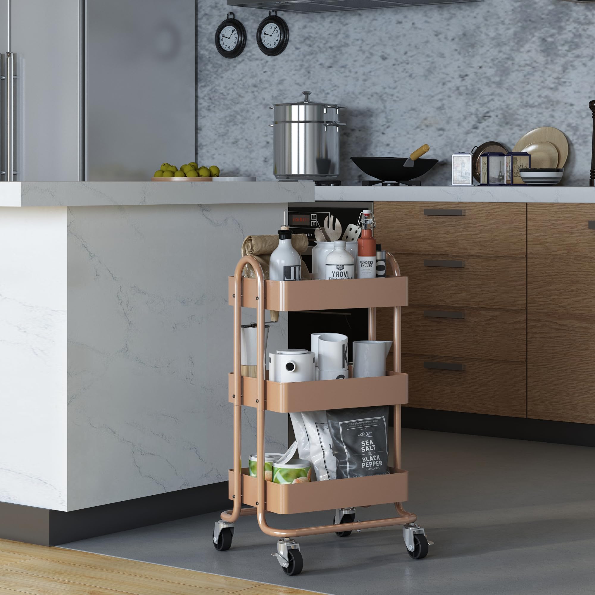 [en.casa] Carrello da Stoccaggio in Acciaio con 3 Contenitori Sovrapposti e Ruote Organizzatore Multiuso per Casa Ufficio Garage - Marrone Chiaro