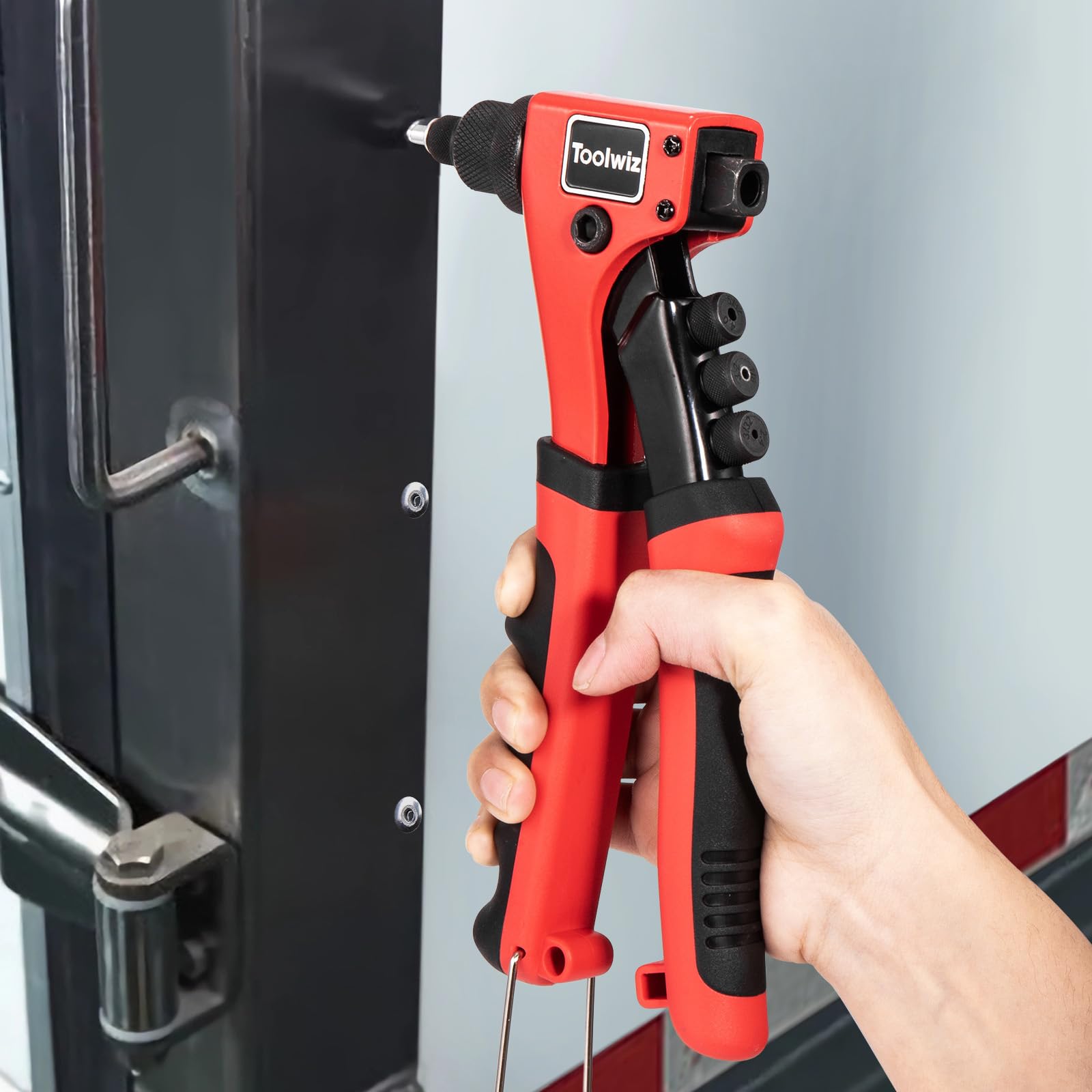 Toolwiz Rivet Gun One-Handed Rivet Gun Kit with 200pcs Rivets, 4pcs Tool-Free Interchangeable Heads and 4pcs Drill Bits - Heavy Duty Hand Riveter for Metal, Wood, Plastic, Leather, Fabric