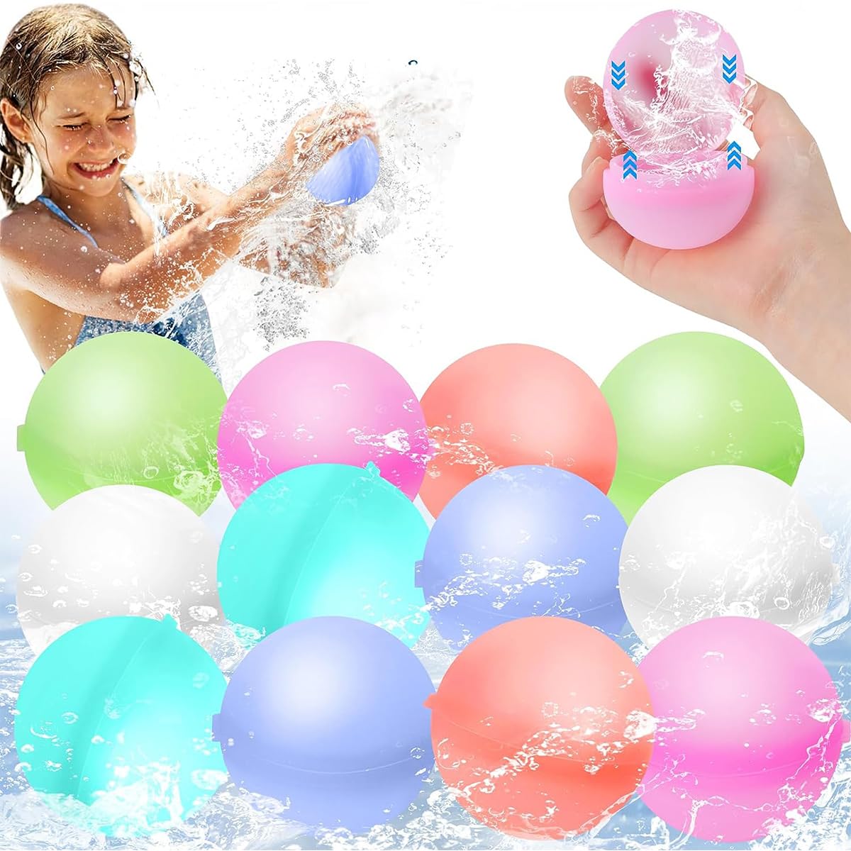 12 szt. balonów wodnych wielokrotnego użytku dla dzieci dorosłych, łatwe szybkie napełnianie, silikonowe kulki wodne, bez lateksu, silikon, lato, zabawa, na zewnątrz, basen, zabawki, artykuły