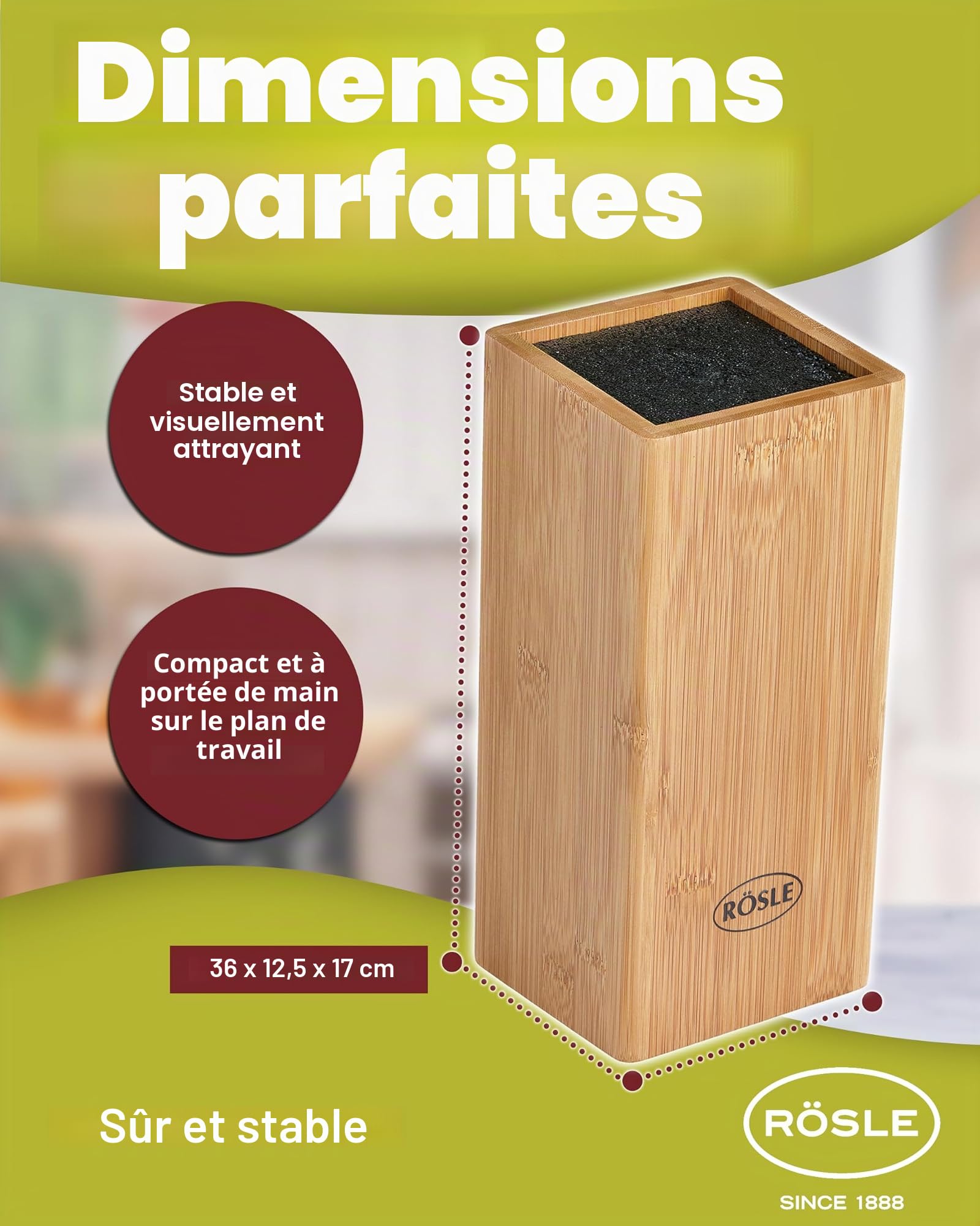 RÖSLE CUISINE Bloc Range Couteaux avec Insert en Brosse - Porte-Couteaux en Bambou avec 5 Couteaux et Ciseaux - Lames en Acier Spécial - Protège-Doigts - 7 Pièces en Tout