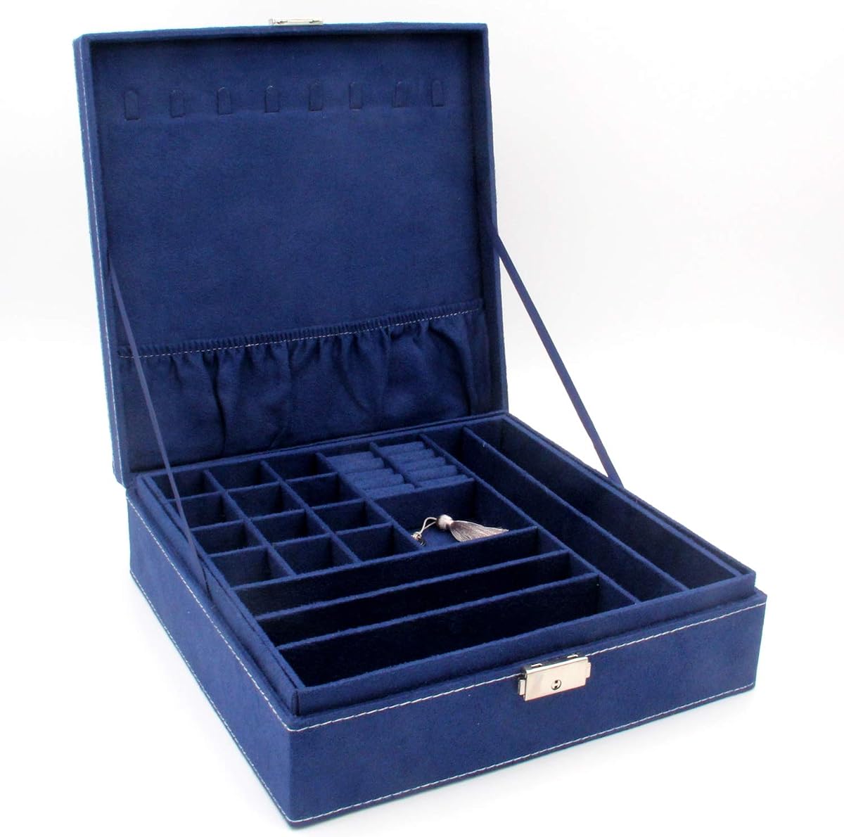 Caja organizadora de joyería de dos capas, estuche de almacenamiento con cerradura (azul profundo)
